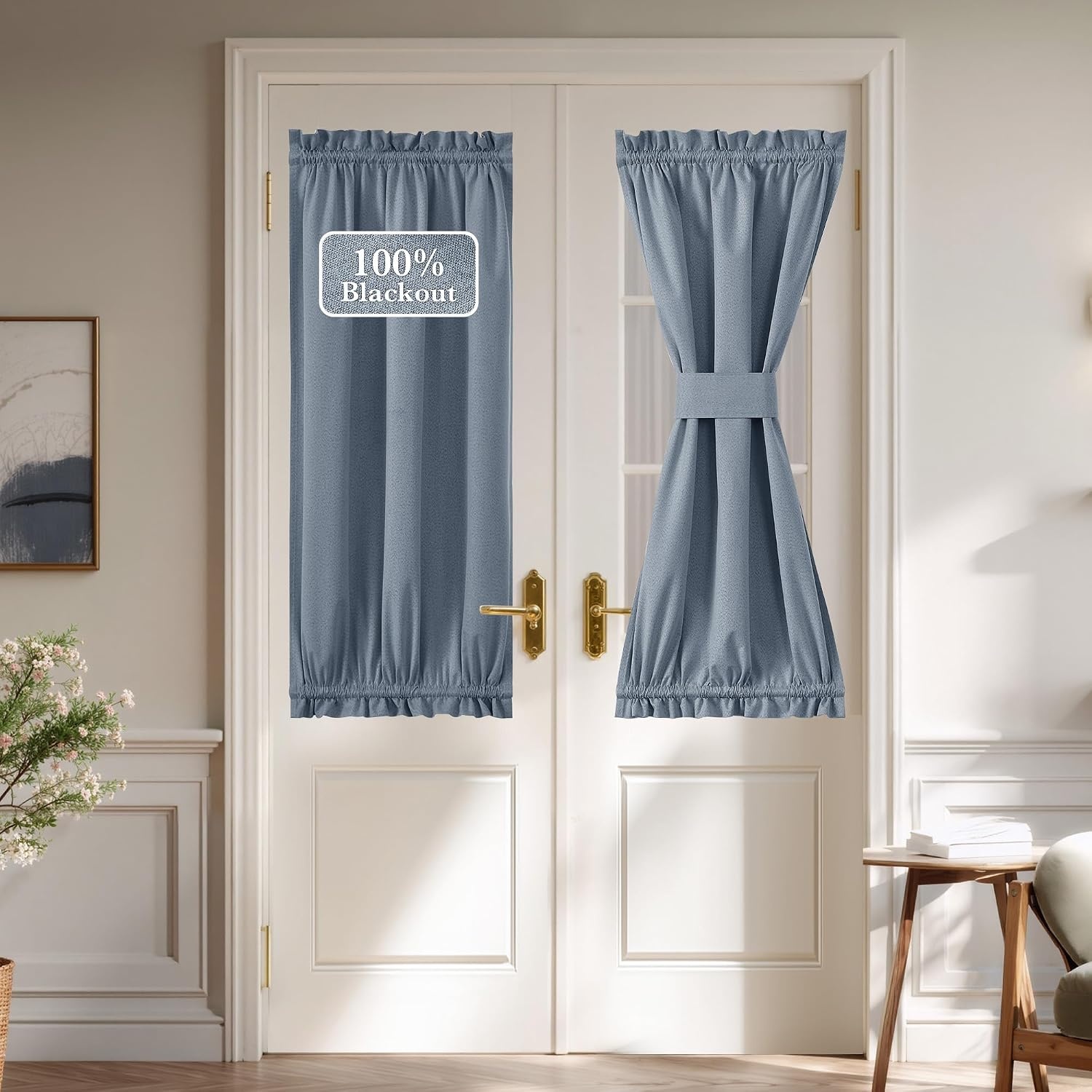 image:imageNICETOWN Dove Grey Blackout Linen French Door Curtain for Glass WindowStone Blue