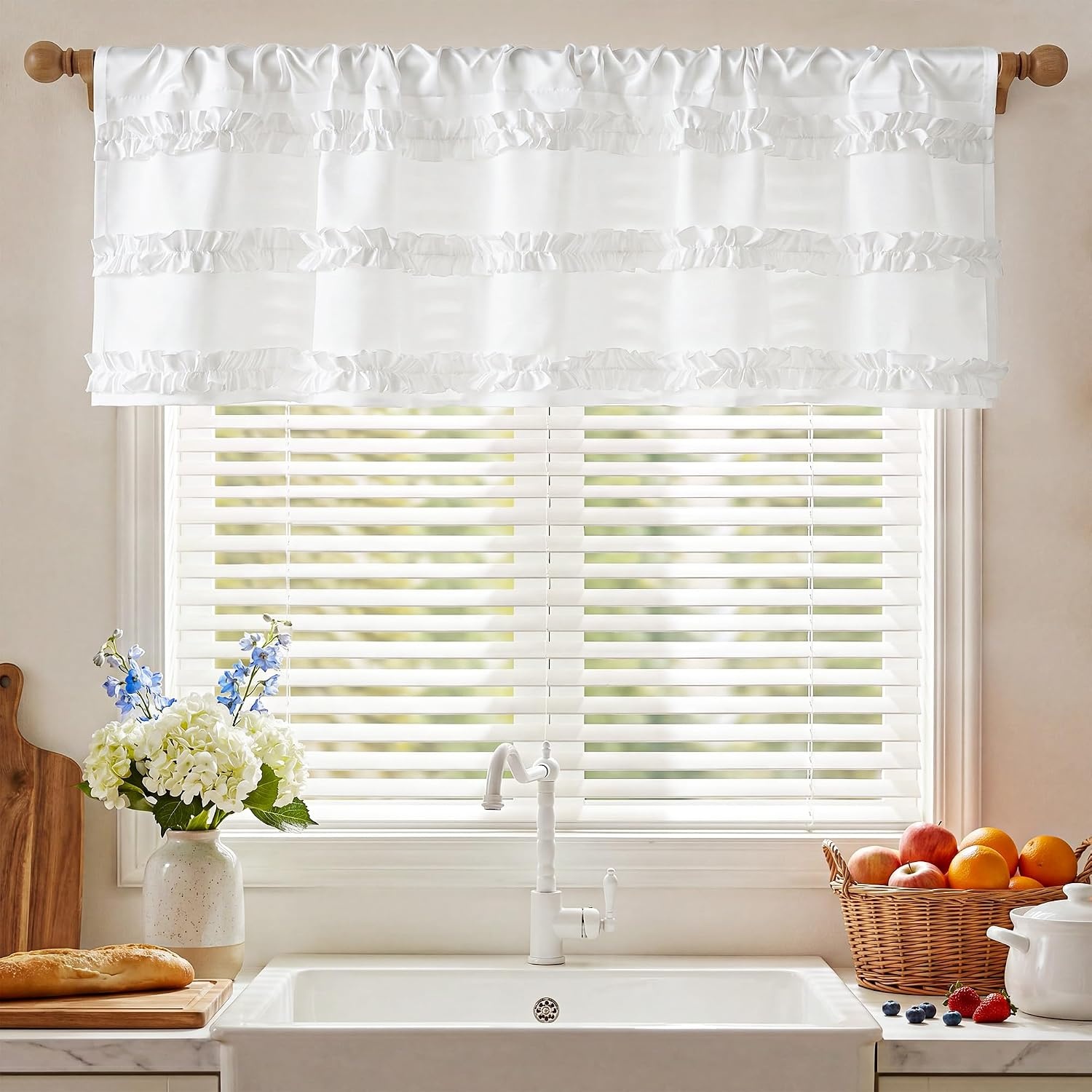 image:imageNICETOWN Farmhouse Valance Curtains 20 Inches Long for Kitchen amp Bathroom French Country Ruffled Linen Valance for Window Shabby Chic Light Filtering Rod Pocket Design 52 WCream White