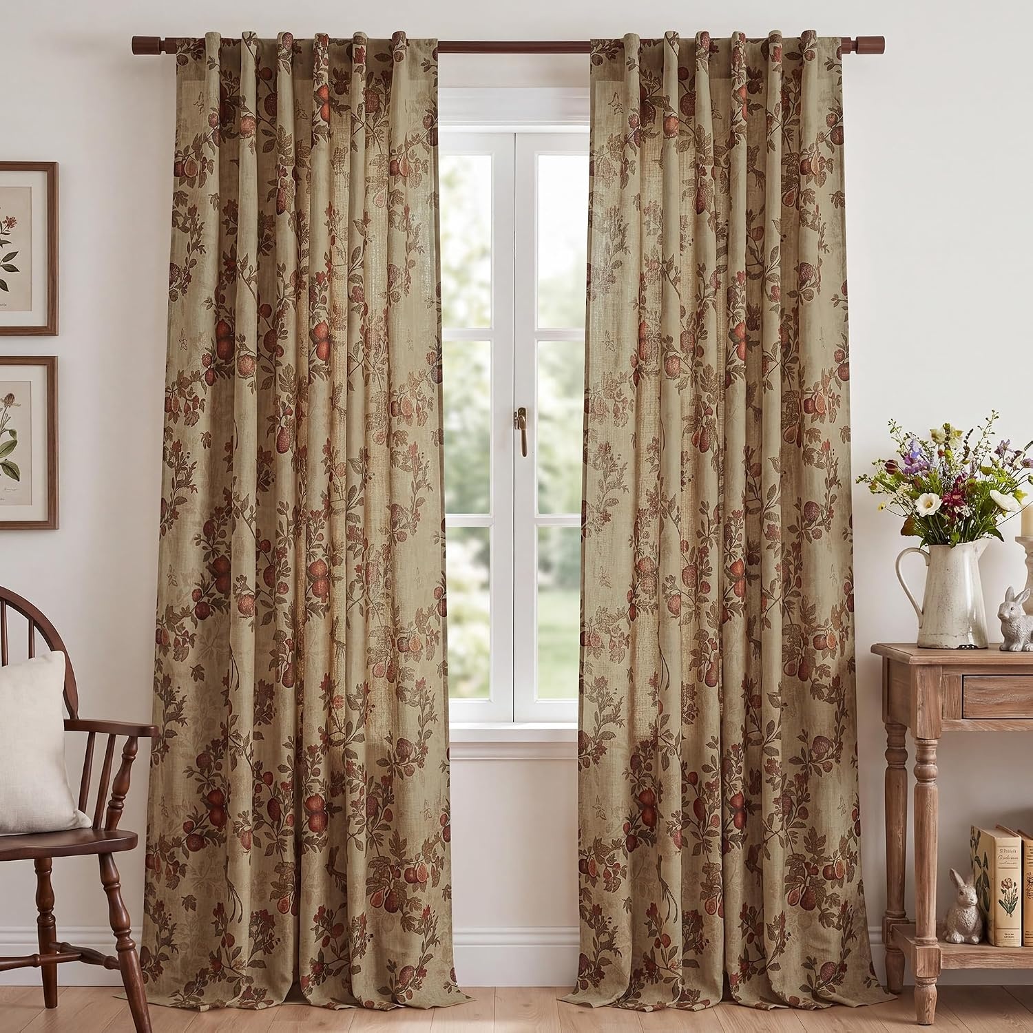 image:imageNICETOWN Green Linen Floral Curtains for Living Room Bedroom 84 Inches LongGreen