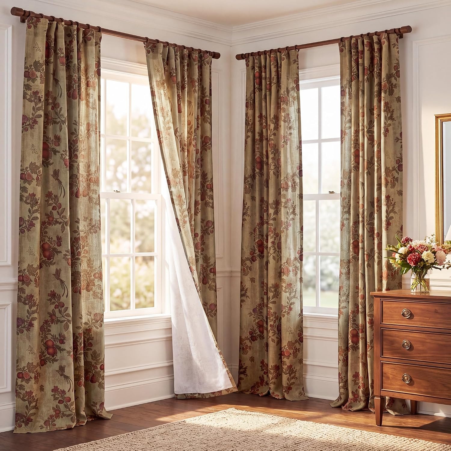 image:imageNICETOWN Green Linen Floral Curtains for Living Room Bedroom 84 Inches LongGreen