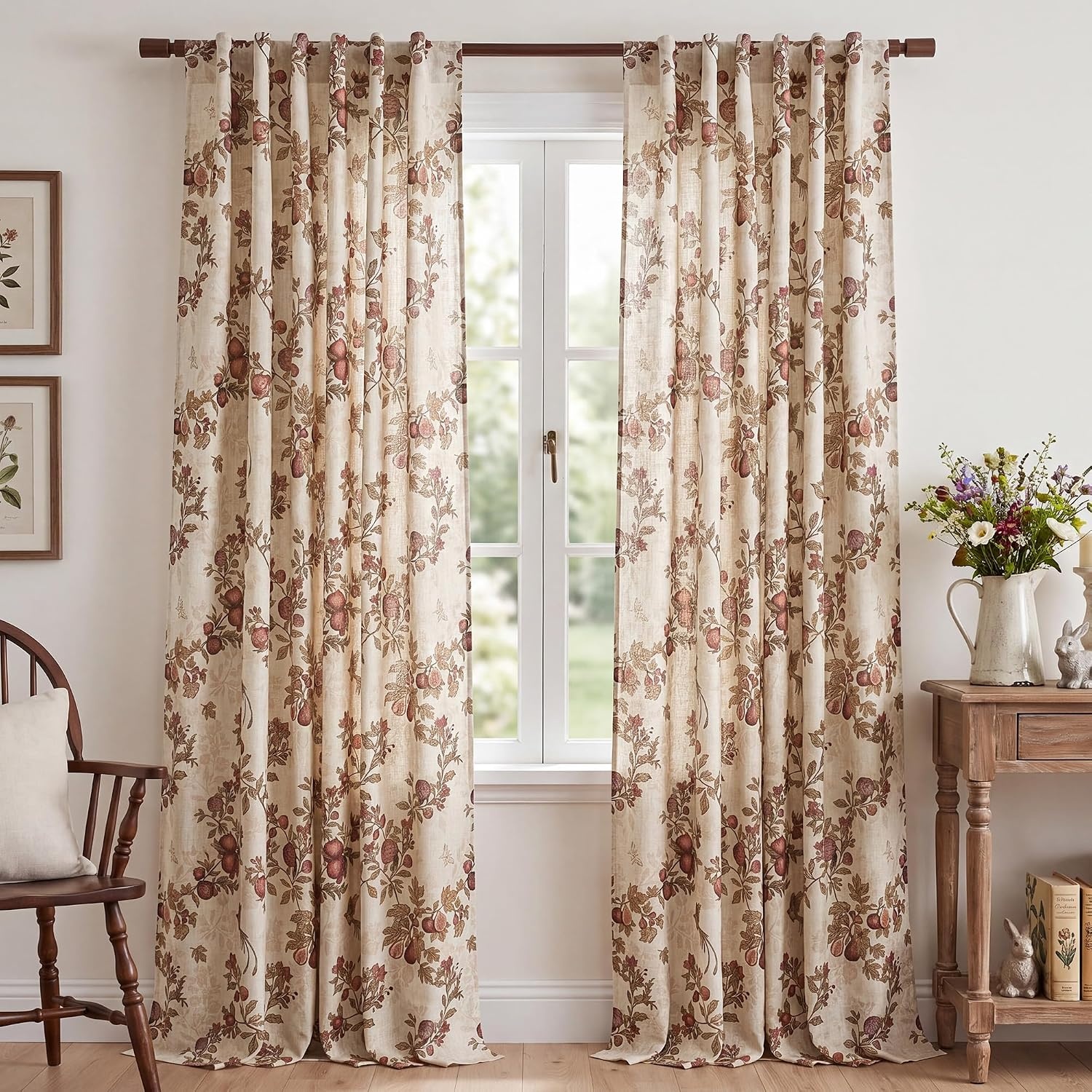 image:imageNICETOWN Green Linen Floral Curtains for Living Room Bedroom 84 Inches LongNatural