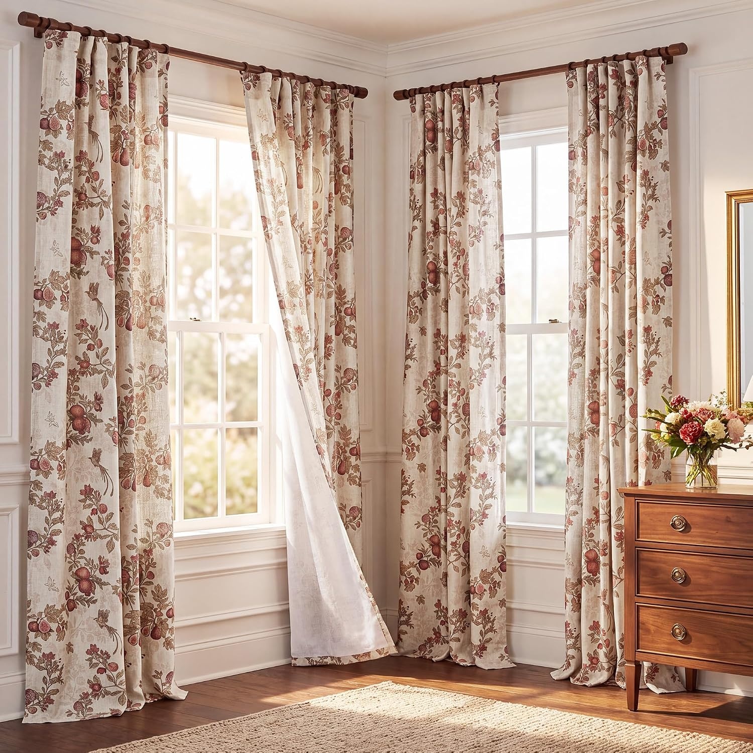 image:imageNICETOWN Green Linen Floral Curtains for Living Room Bedroom 84 Inches LongNatural