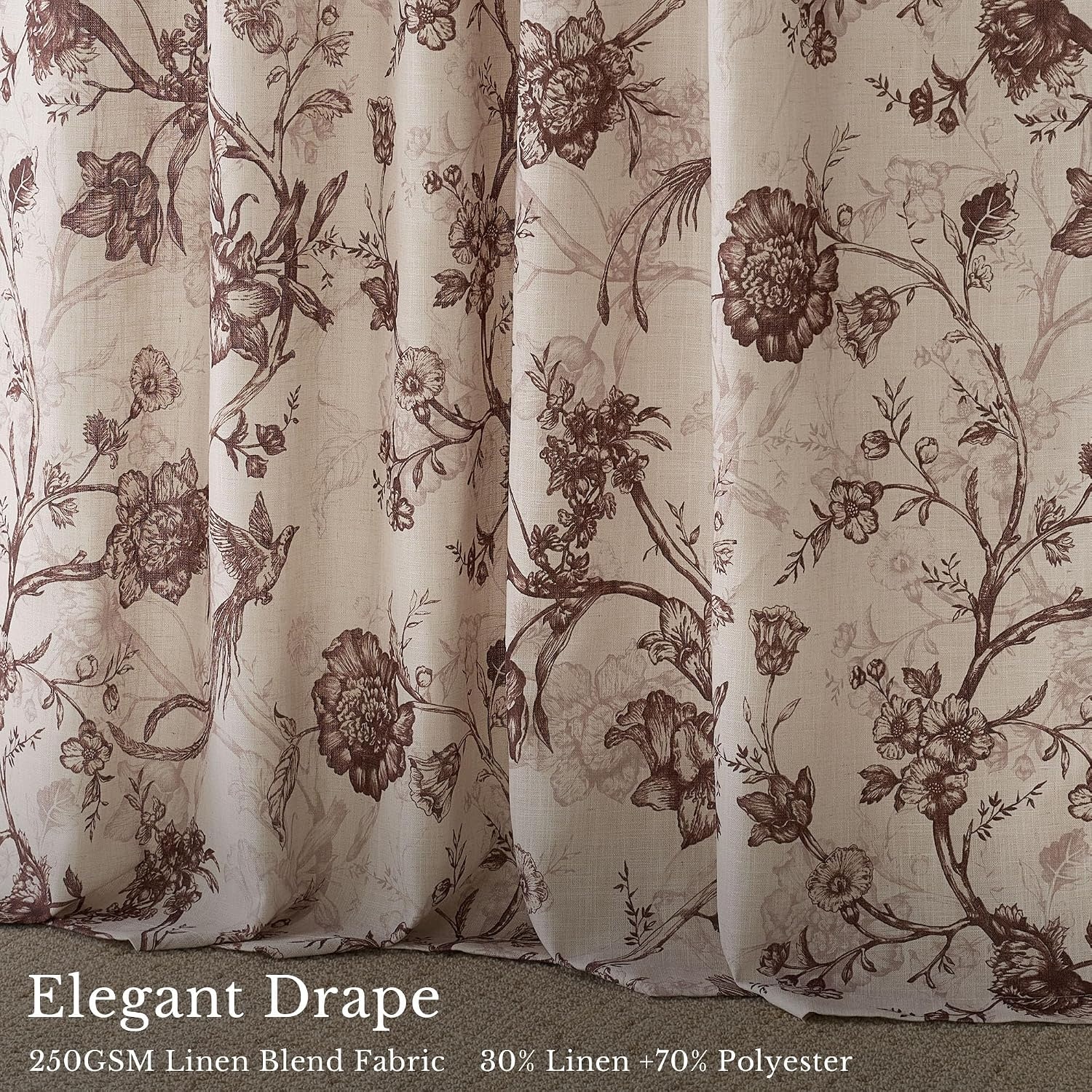 image:imageNICETOWN Green Linen Vintage Floral Curtains for Farmhouse 84 inch LongToile De Jouy Brown