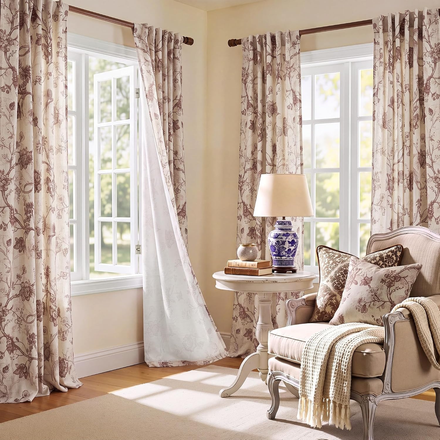 image:imageNICETOWN Green Linen Vintage Floral Curtains for Farmhouse 84 inch LongToile De Jouy Brown