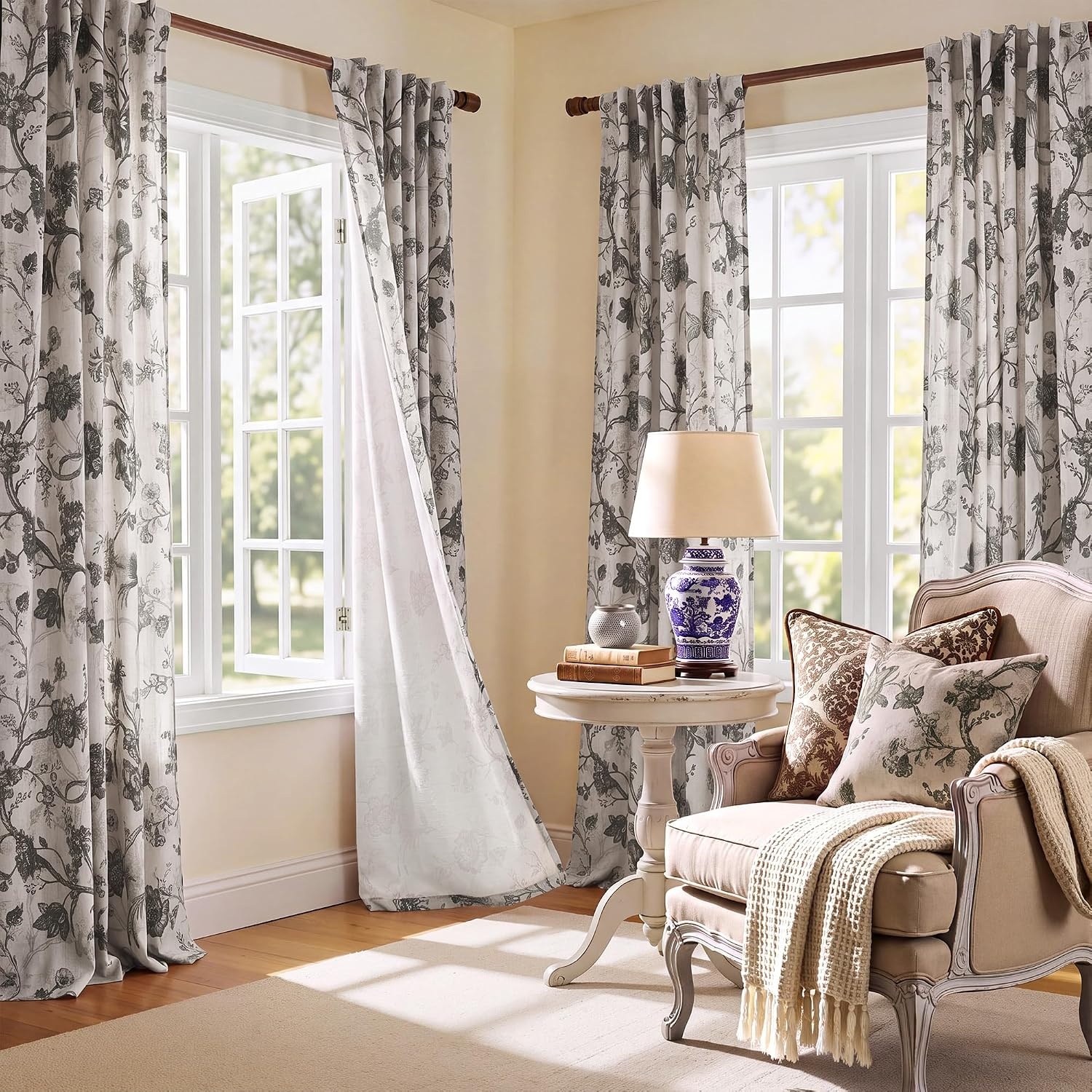 image:imageNICETOWN Green Linen Vintage Floral Curtains for Farmhouse 84 inch LongToile De Jouy Grey