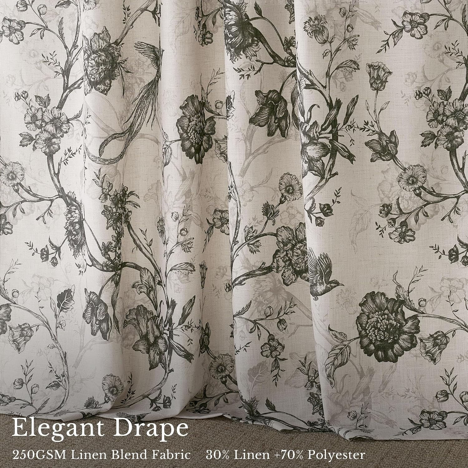image:imageNICETOWN Green Linen Vintage Floral Curtains for Farmhouse 84 inch LongToile De Jouy Grey