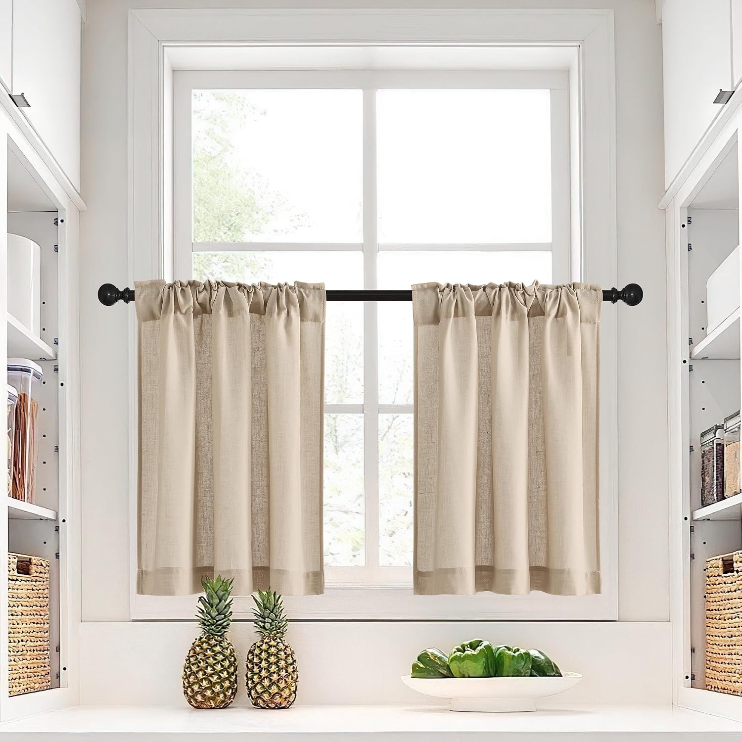image:imageNICETOWN Kitchen Curtains 24 Inch Linen Textured Tiers Farmhouse CafeAngora