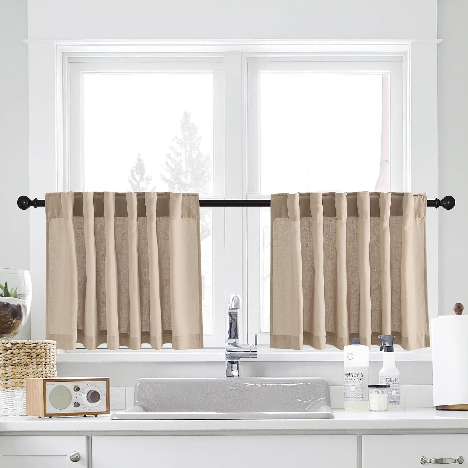 image:imageNICETOWN Kitchen Curtains 24 Inch Linen Textured Tiers Farmhouse CafeAngora