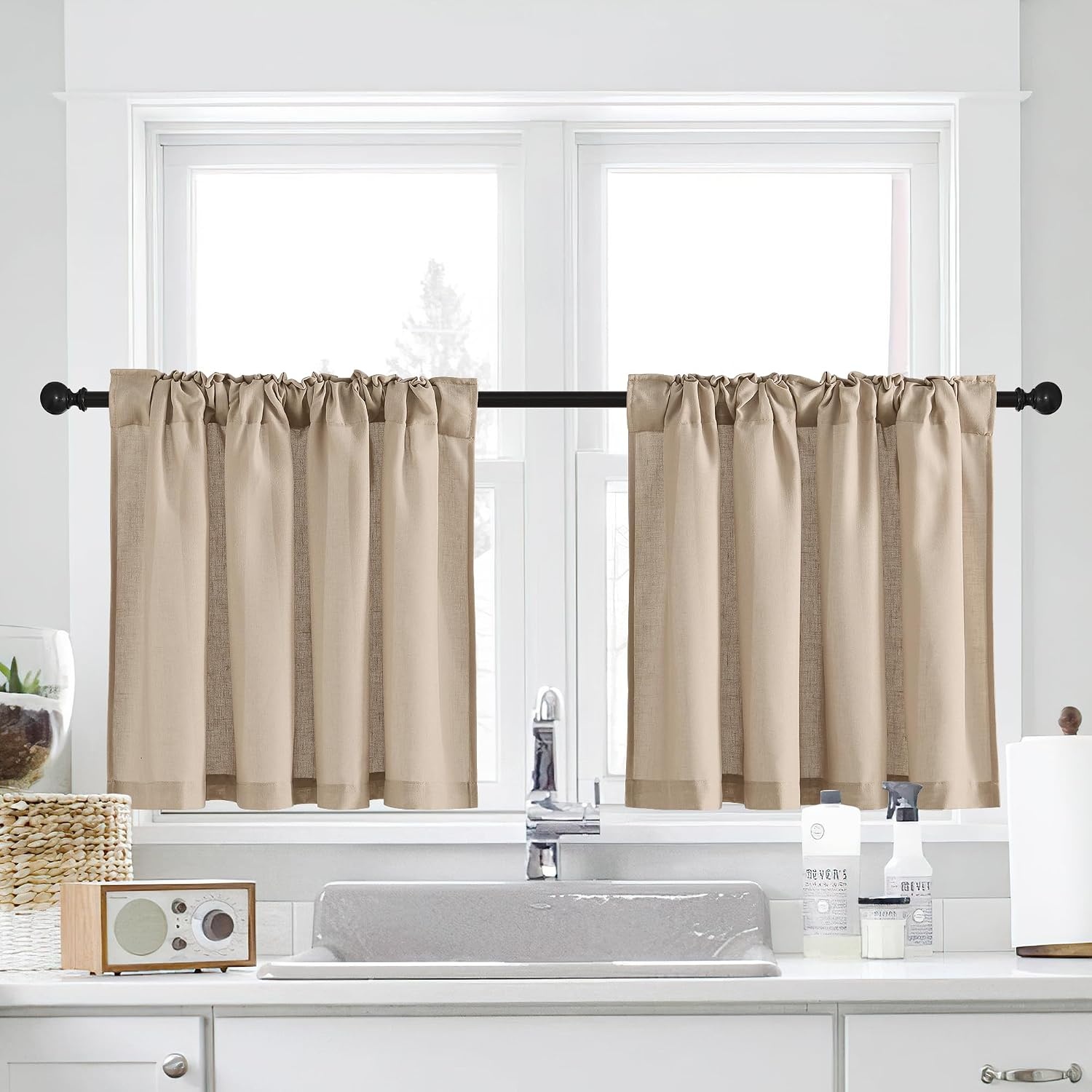 image:imageNICETOWN Kitchen Curtains 24 Inch Linen Textured Tiers Farmhouse CafeAngora