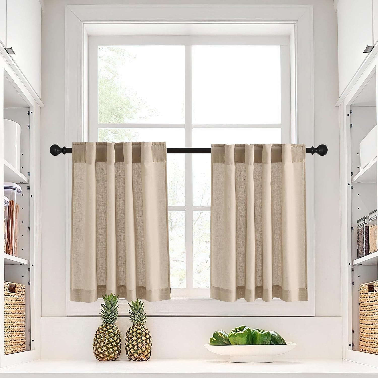 image:imageNICETOWN Kitchen Curtains 24 Inch Linen Textured Tiers Farmhouse CafeAngora