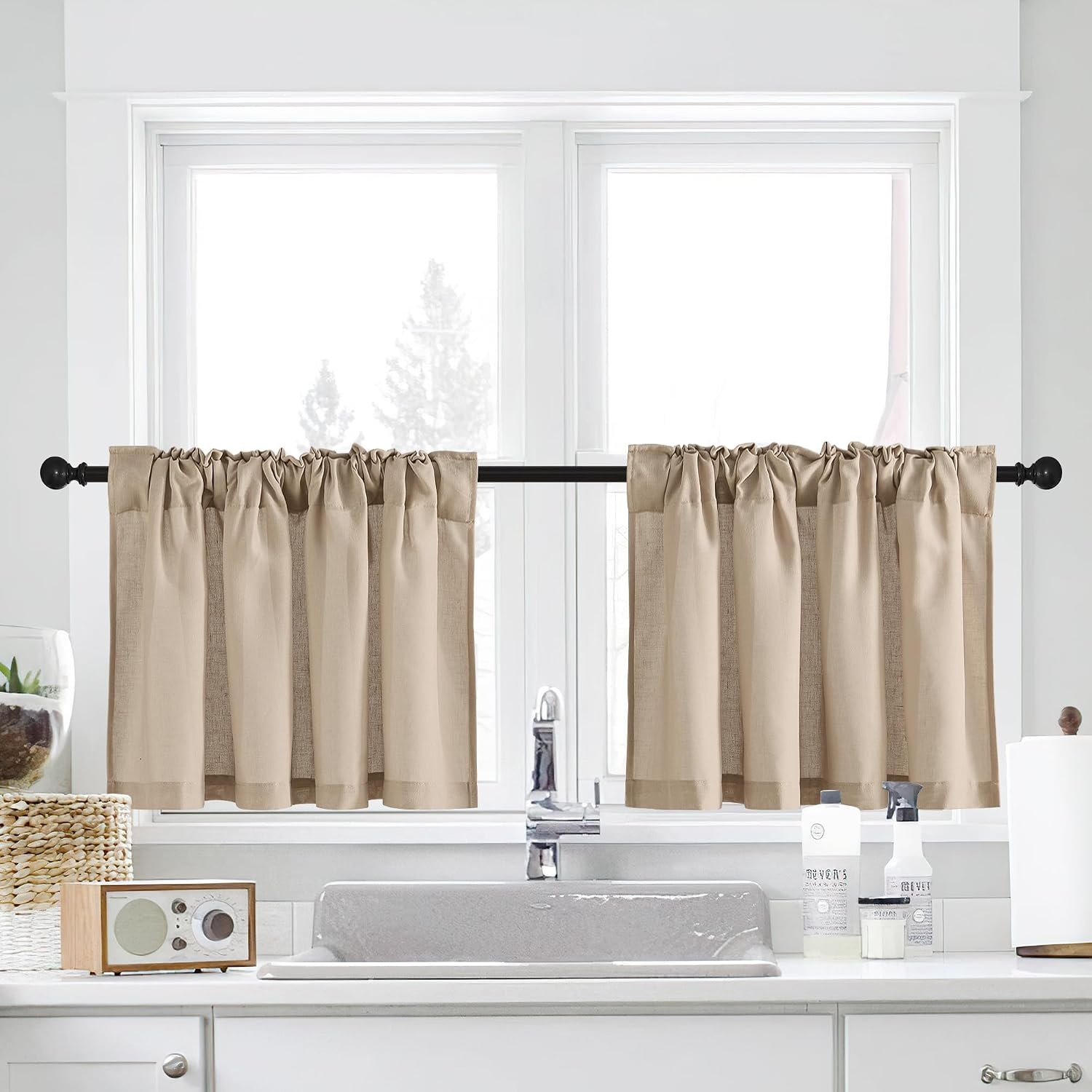 image:imageNICETOWN Kitchen Curtains 24 Inch Linen Textured Tiers Farmhouse CafeAngora