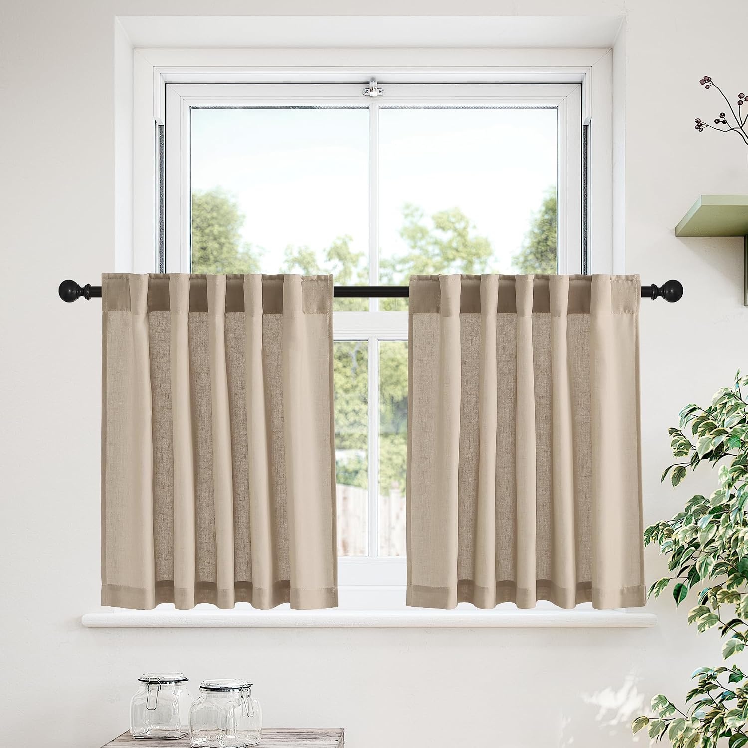 image:imageNICETOWN Kitchen Curtains 24 Inch Linen Textured Tiers Farmhouse CafeAngora