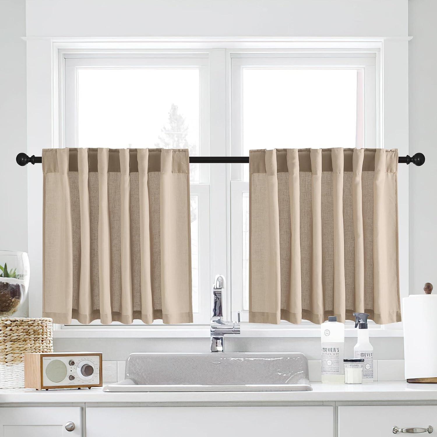 image:imageNICETOWN Kitchen Curtains 24 Inch Linen Textured Tiers Farmhouse CafeAngora