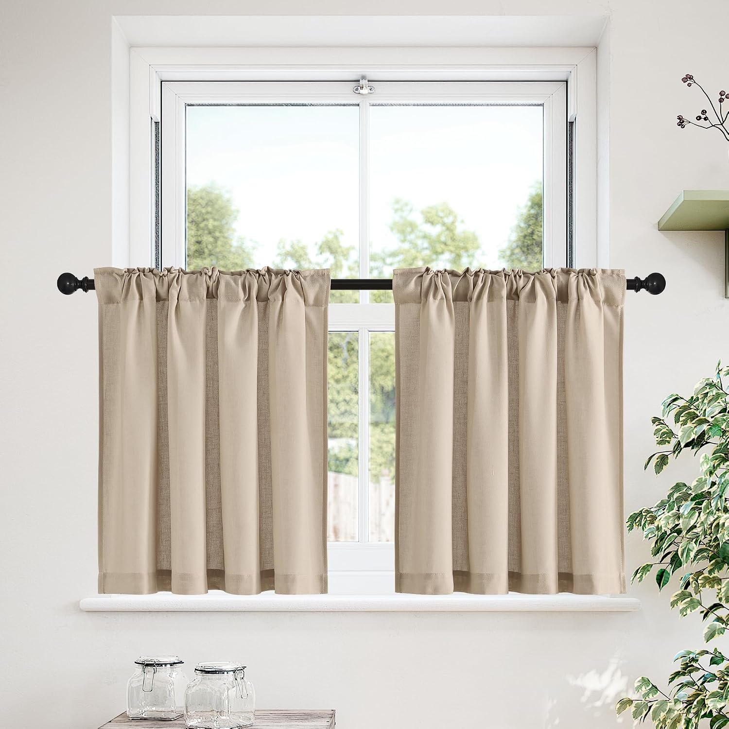 image:imageNICETOWN Kitchen Curtains 24 Inch Linen Textured Tiers Farmhouse CafeAngora