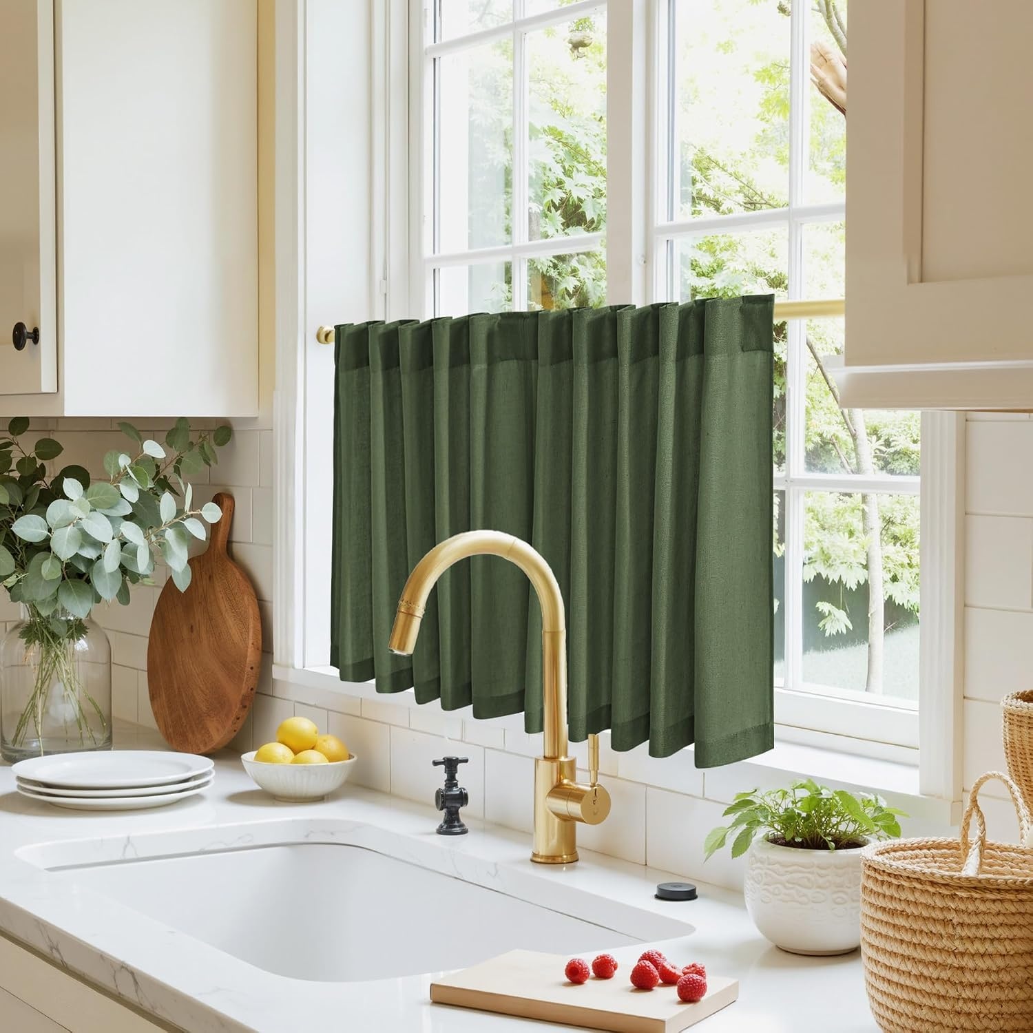 image:imageNICETOWN Kitchen Curtains 24 Inch Linen Textured Tiers Farmhouse CafeForest Green