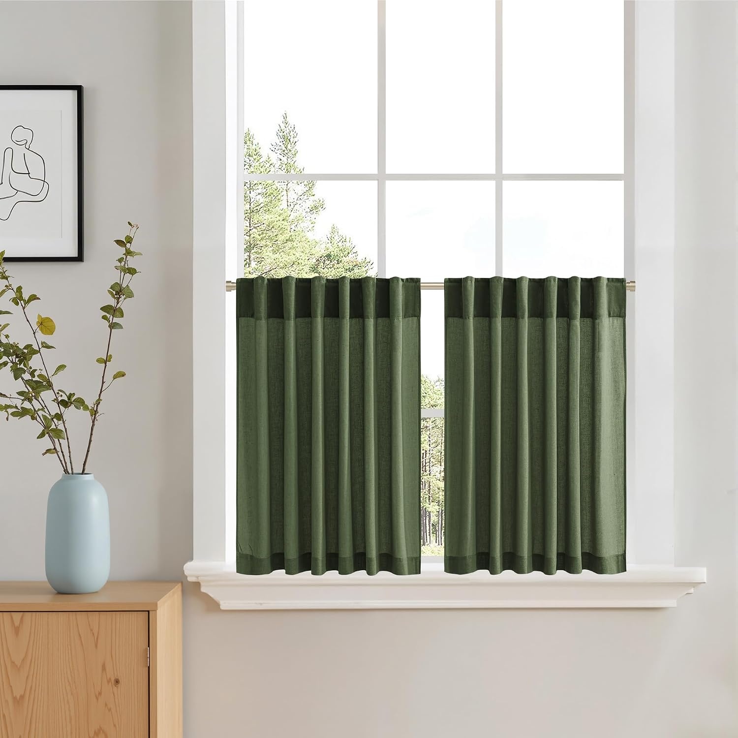 image:imageNICETOWN Kitchen Curtains 24 Inch Linen Textured Tiers Farmhouse CafeForest Green