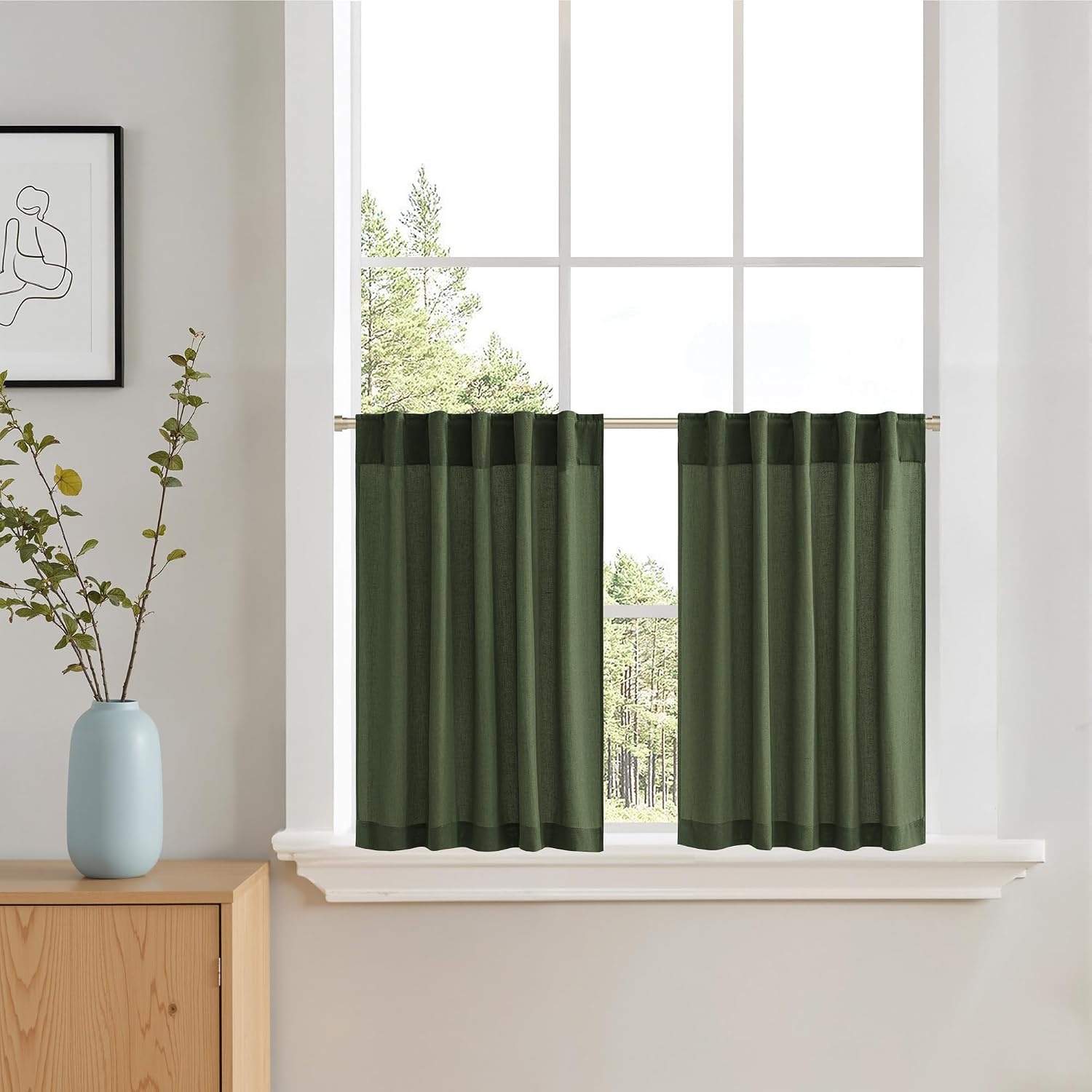 image:imageNICETOWN Kitchen Curtains 24 Inch Linen Textured Tiers Farmhouse CafeForest Green