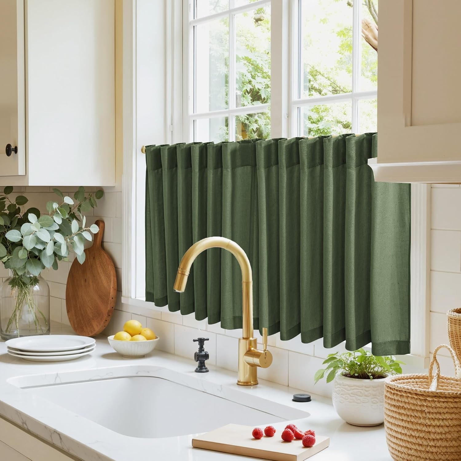 image:imageNICETOWN Kitchen Curtains 24 Inch Linen Textured Tiers Farmhouse CafeForest Green