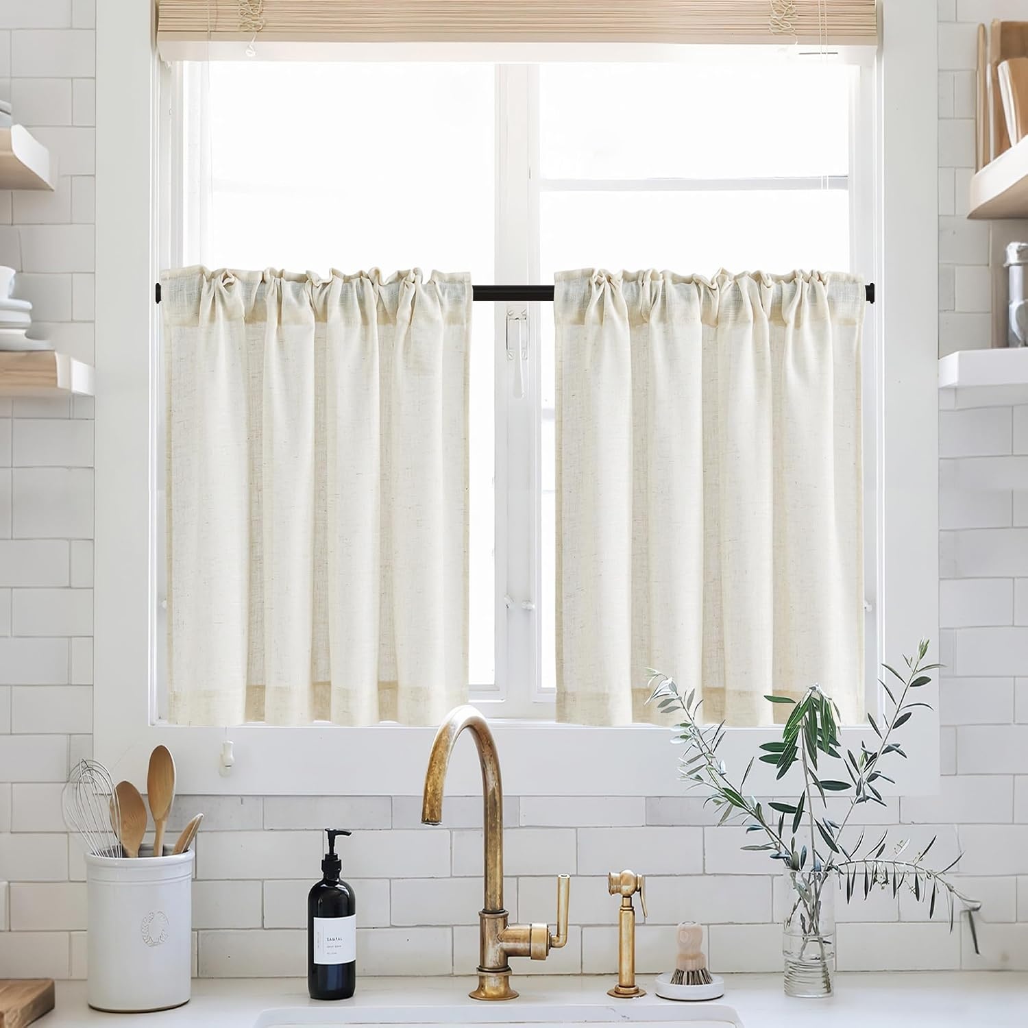image:imageNICETOWN Kitchen Curtains 24 Inch Linen Textured Tiers Farmhouse CafeLinen