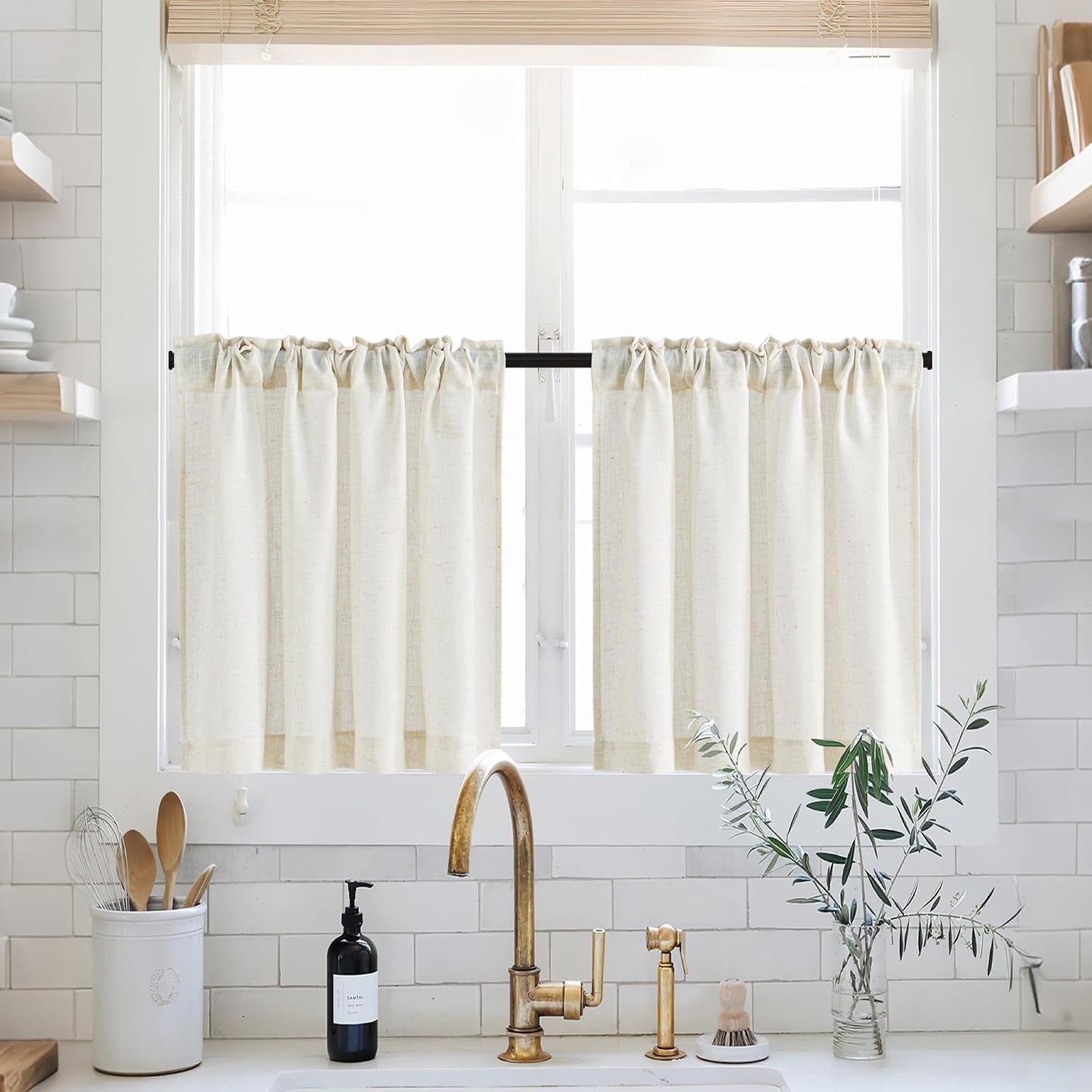 image:imageNICETOWN Kitchen Curtains 24 Inch Linen Textured Tiers Farmhouse CafeLinen
