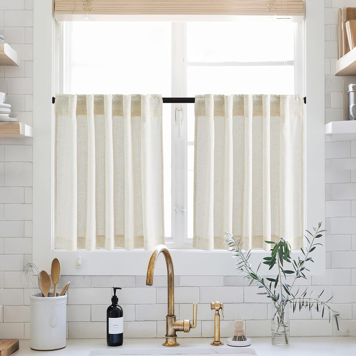 image:imageNICETOWN Kitchen Curtains 24 Inch Linen Textured Tiers Farmhouse CafeLinen