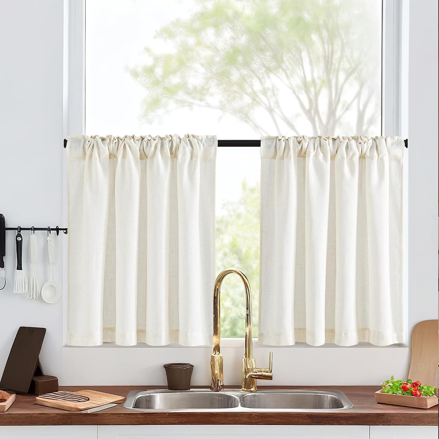 image:imageNICETOWN Kitchen Curtains 24 Inch Linen Textured Tiers Farmhouse CafeLinen