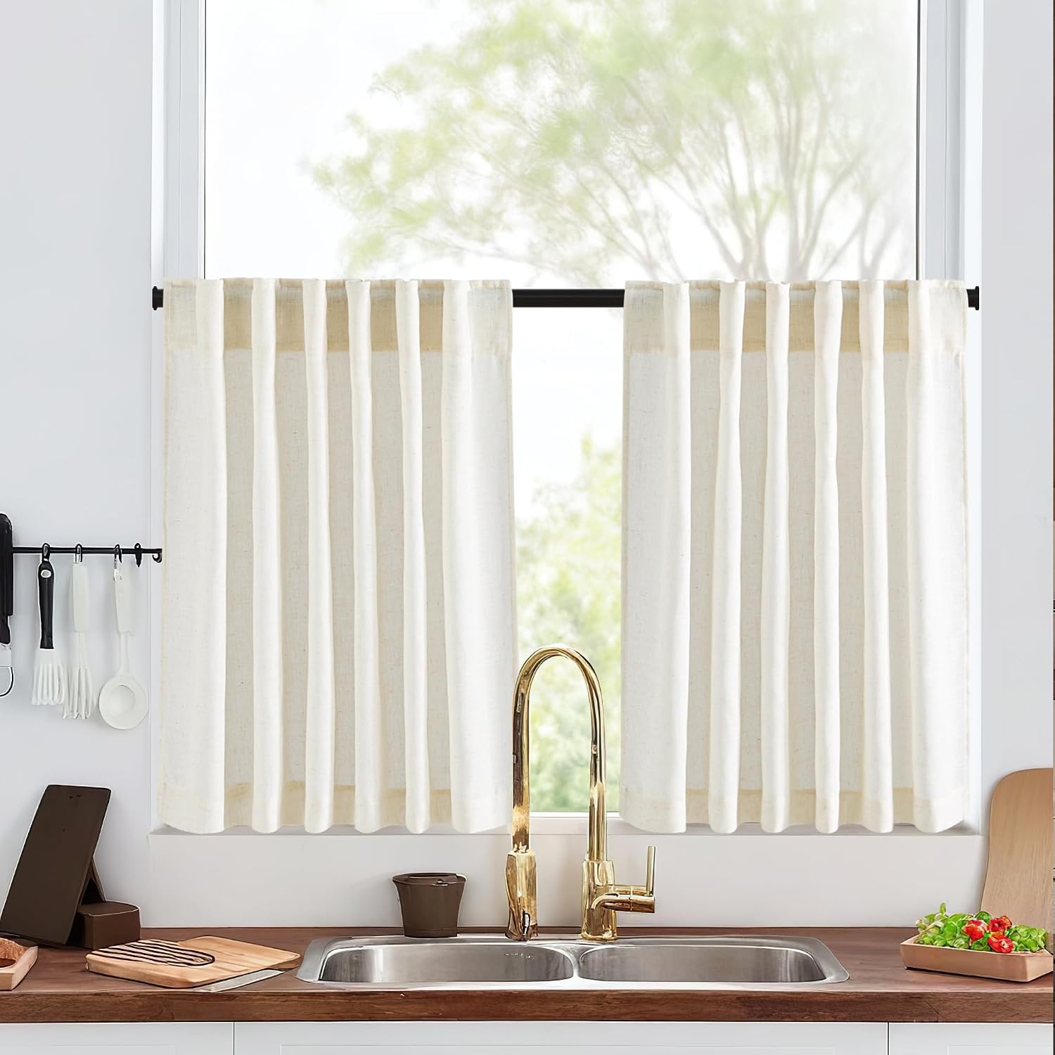 image:imageNICETOWN Kitchen Curtains 24 Inch Linen Textured Tiers Farmhouse CafeLinen