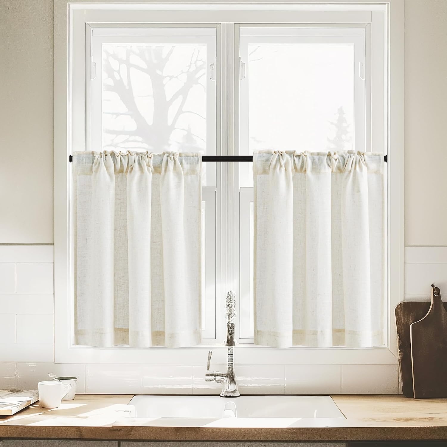 image:imageNICETOWN Kitchen Curtains 24 Inch Linen Textured Tiers Farmhouse CafeLinen