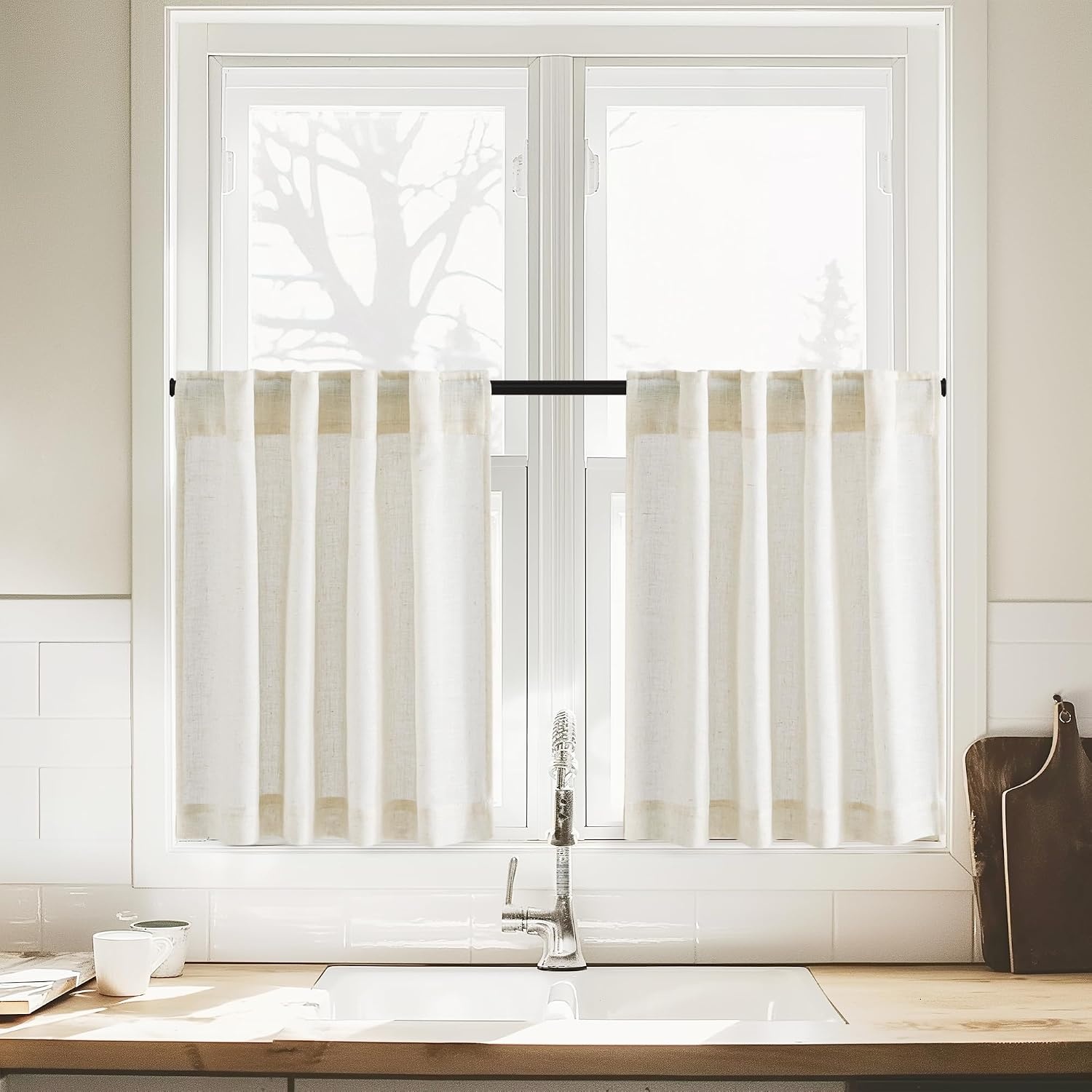 image:imageNICETOWN Kitchen Curtains 24 Inch Linen Textured Tiers Farmhouse CafeLinen