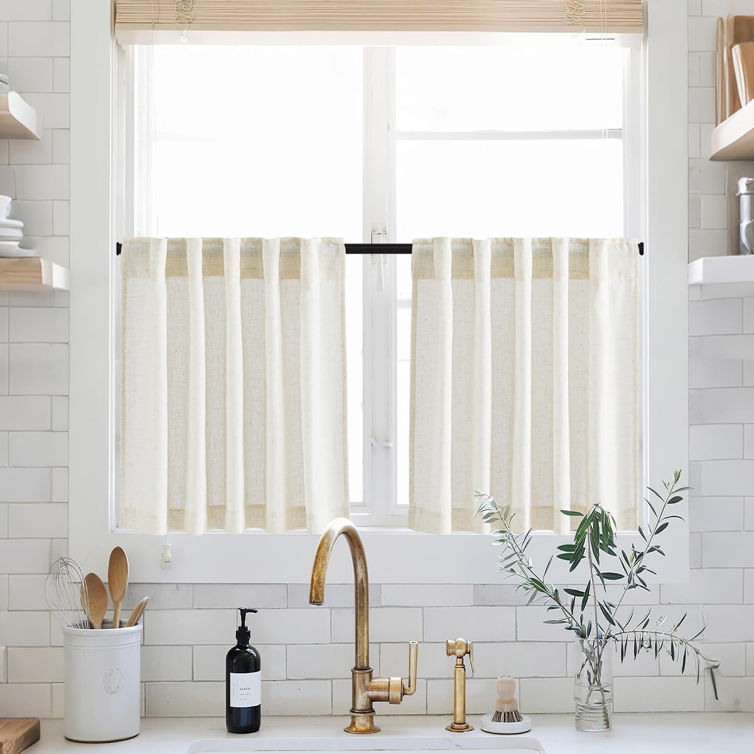 image:imageNICETOWN Kitchen Curtains 24 Inch Linen Textured Tiers Farmhouse CafeLinen