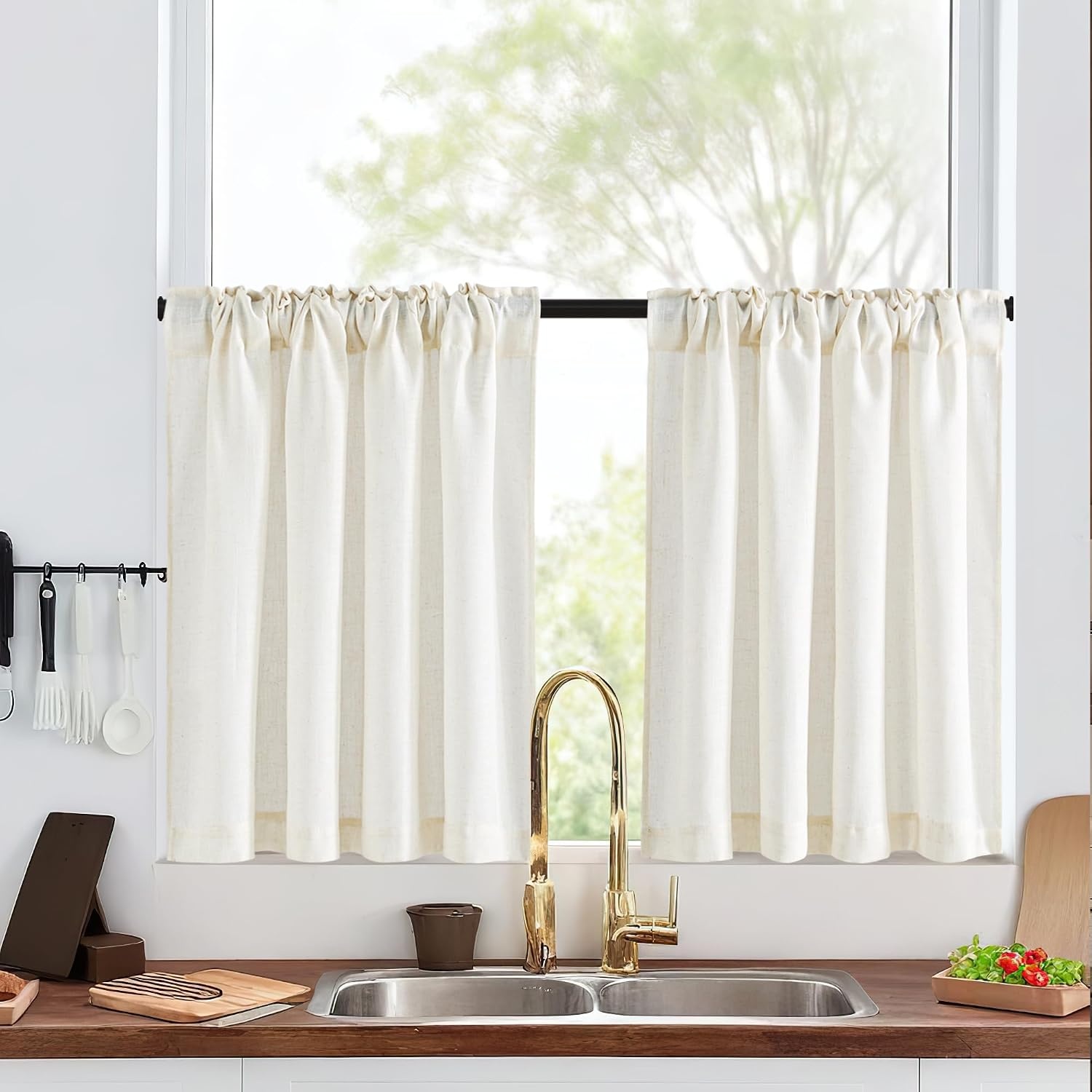 image:imageNICETOWN Kitchen Curtains 24 Inch Linen Textured Tiers Farmhouse CafeLinen