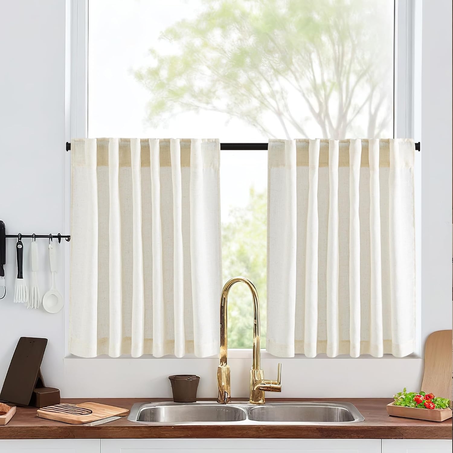 image:imageNICETOWN Kitchen Curtains 24 Inch Linen Textured Tiers Farmhouse CafeLinen
