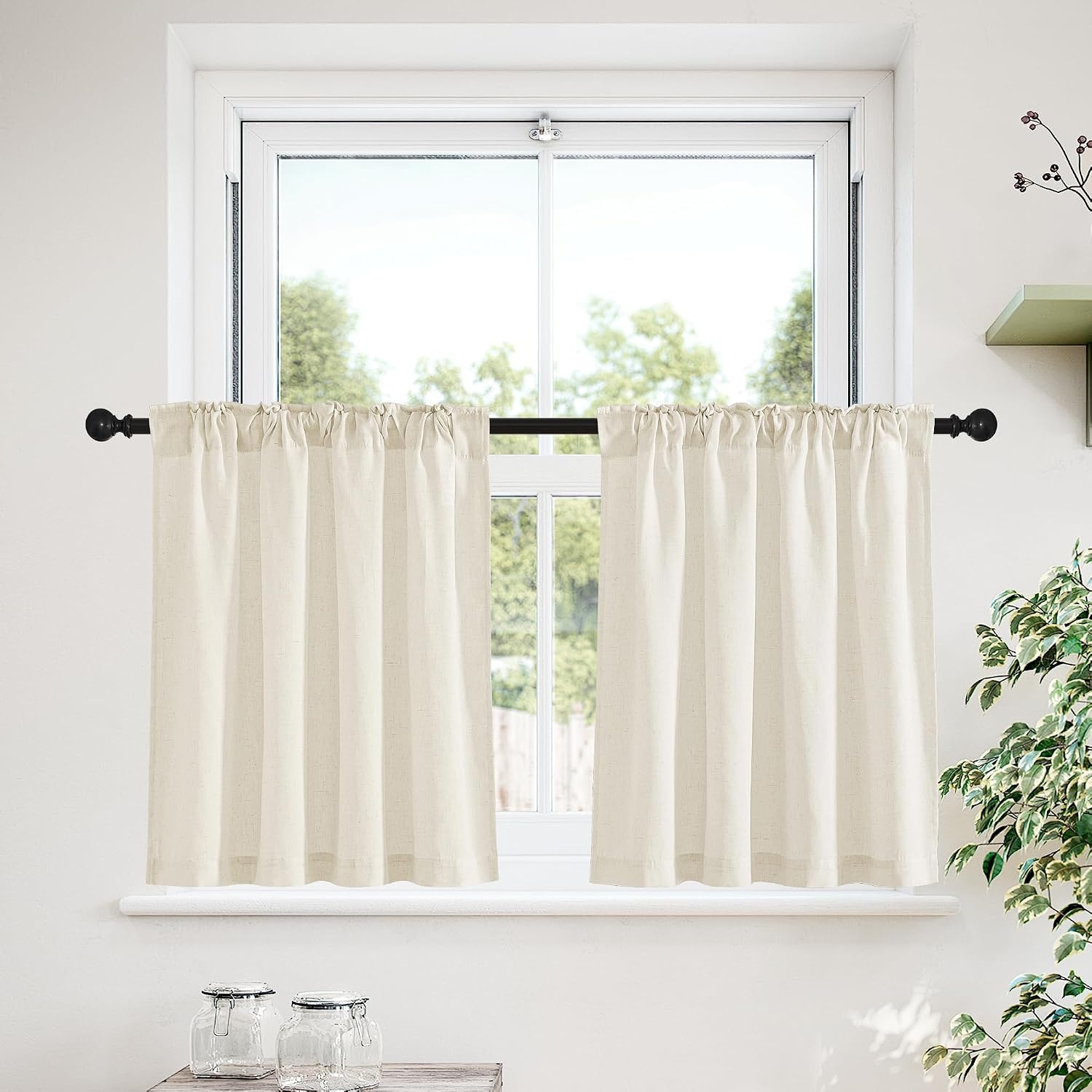 image:imageNICETOWN Kitchen Curtains 24 Inch Linen Textured Tiers Farmhouse CafeNatural