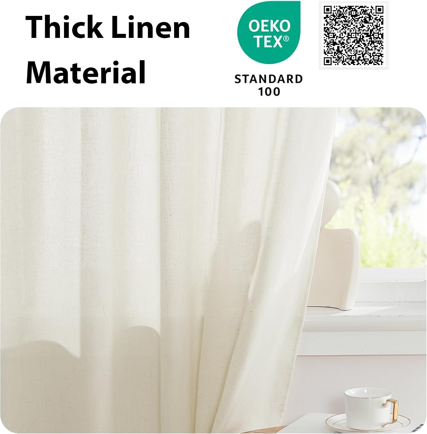 image:imageNICETOWN Kitchen Curtains 24 Inch Linen Textured Tiers Farmhouse CafeNatural