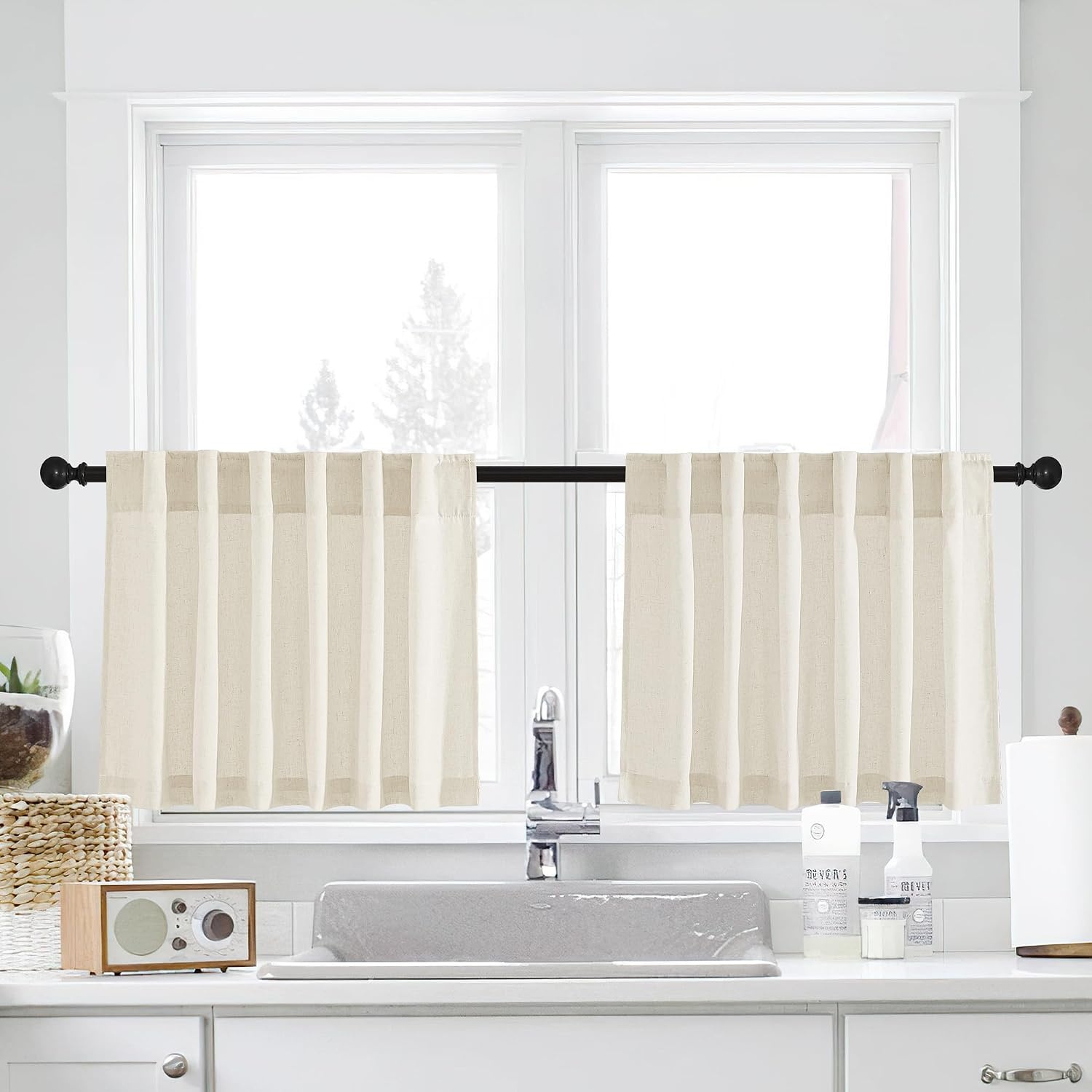 image:imageNICETOWN Kitchen Curtains 24 Inch Linen Textured Tiers Farmhouse CafeNatural