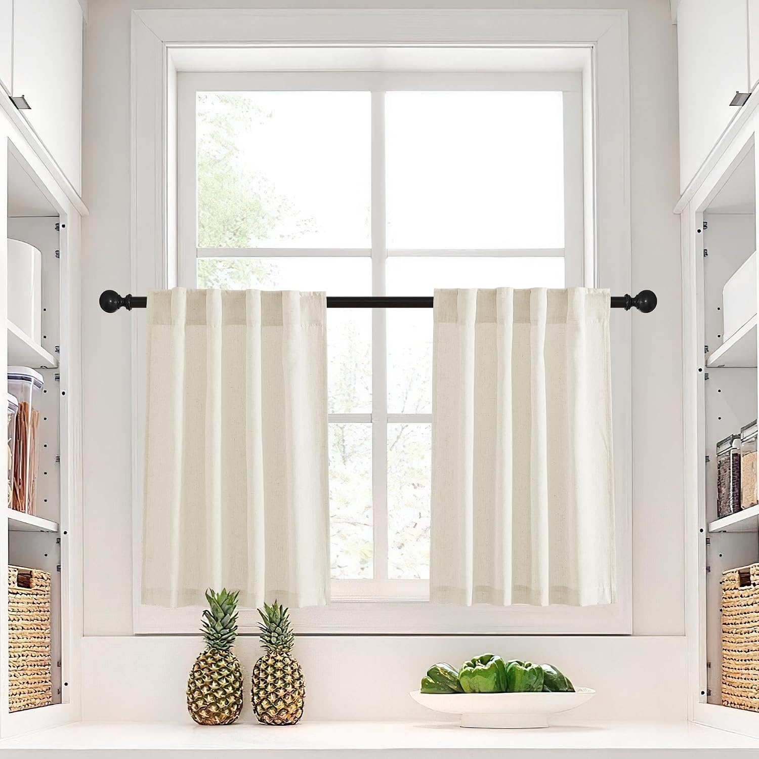 image:imageNICETOWN Kitchen Curtains 24 Inch Linen Textured Tiers Farmhouse CafeNatural