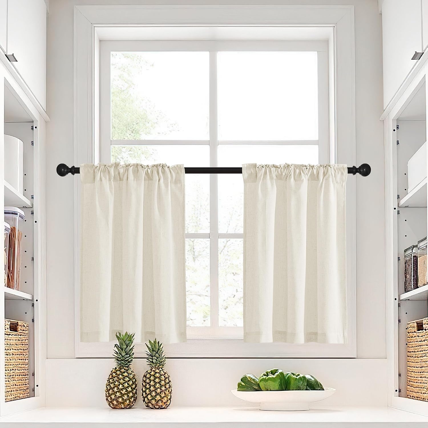 image:imageNICETOWN Kitchen Curtains 24 Inch Linen Textured Tiers Farmhouse CafeNatural