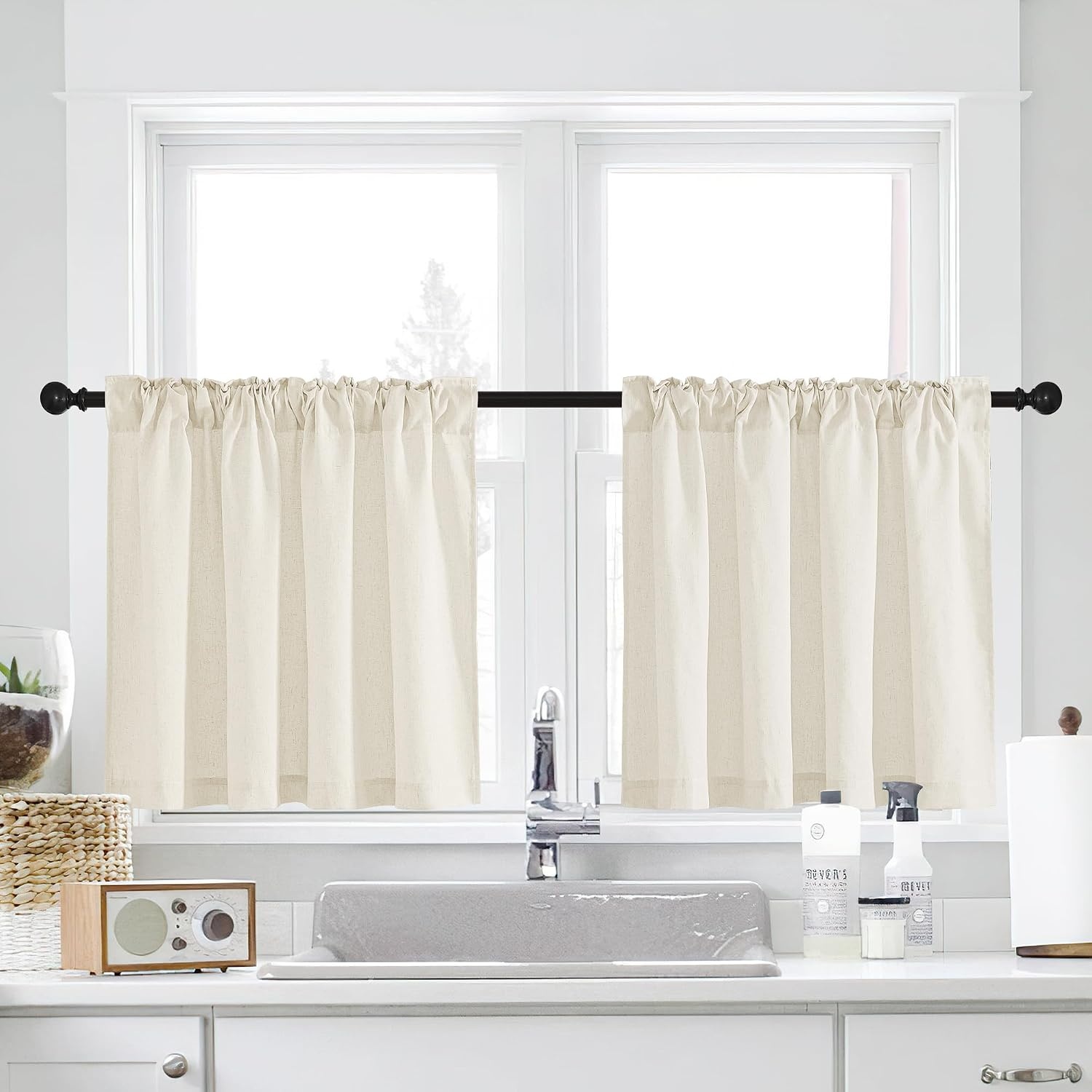 image:imageNICETOWN Kitchen Curtains 24 Inch Linen Textured Tiers Farmhouse CafeNatural