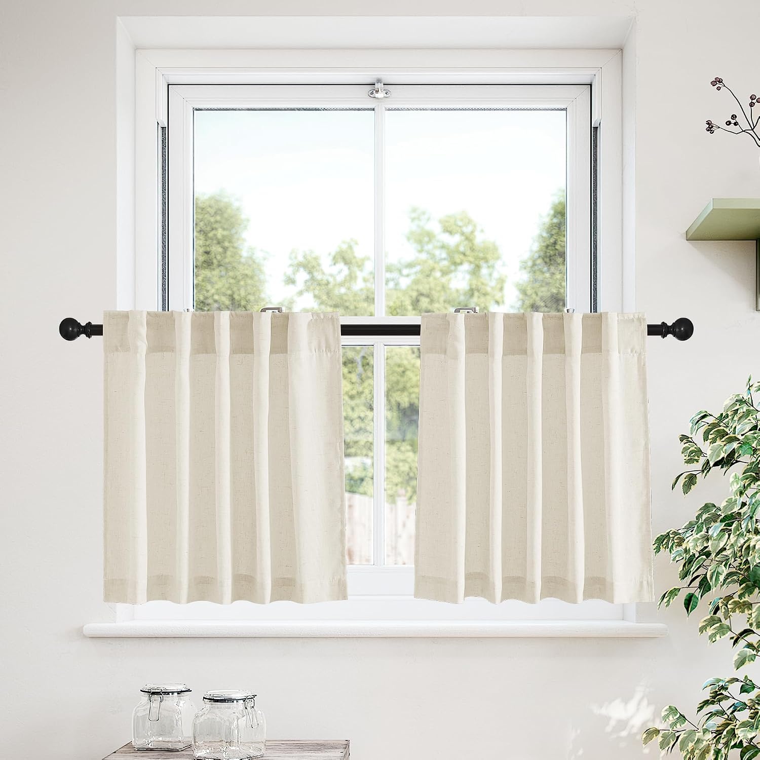 image:imageNICETOWN Kitchen Curtains 24 Inch Linen Textured Tiers Farmhouse CafeNatural