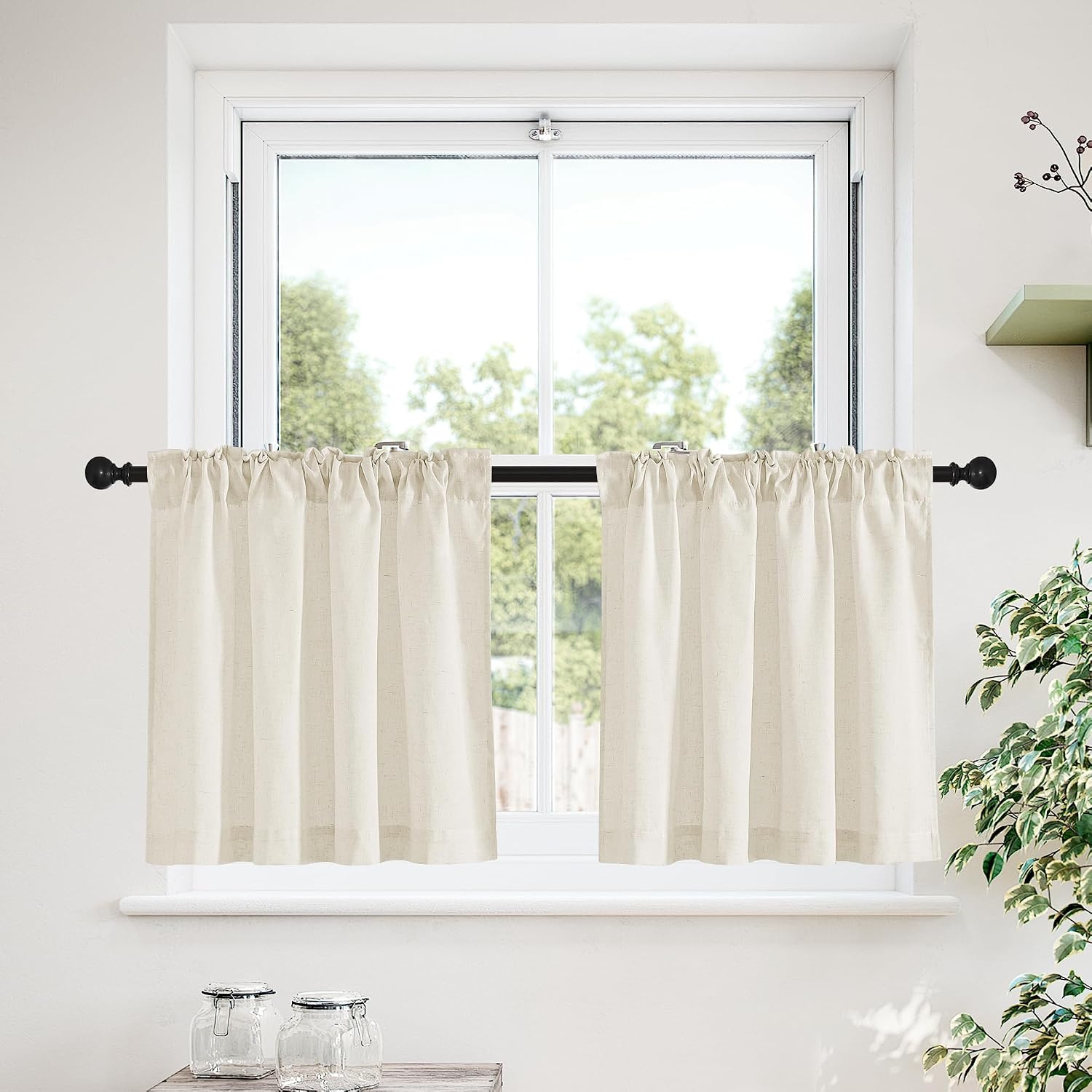 image:imageNICETOWN Kitchen Curtains 24 Inch Linen Textured Tiers Farmhouse CafeNatural