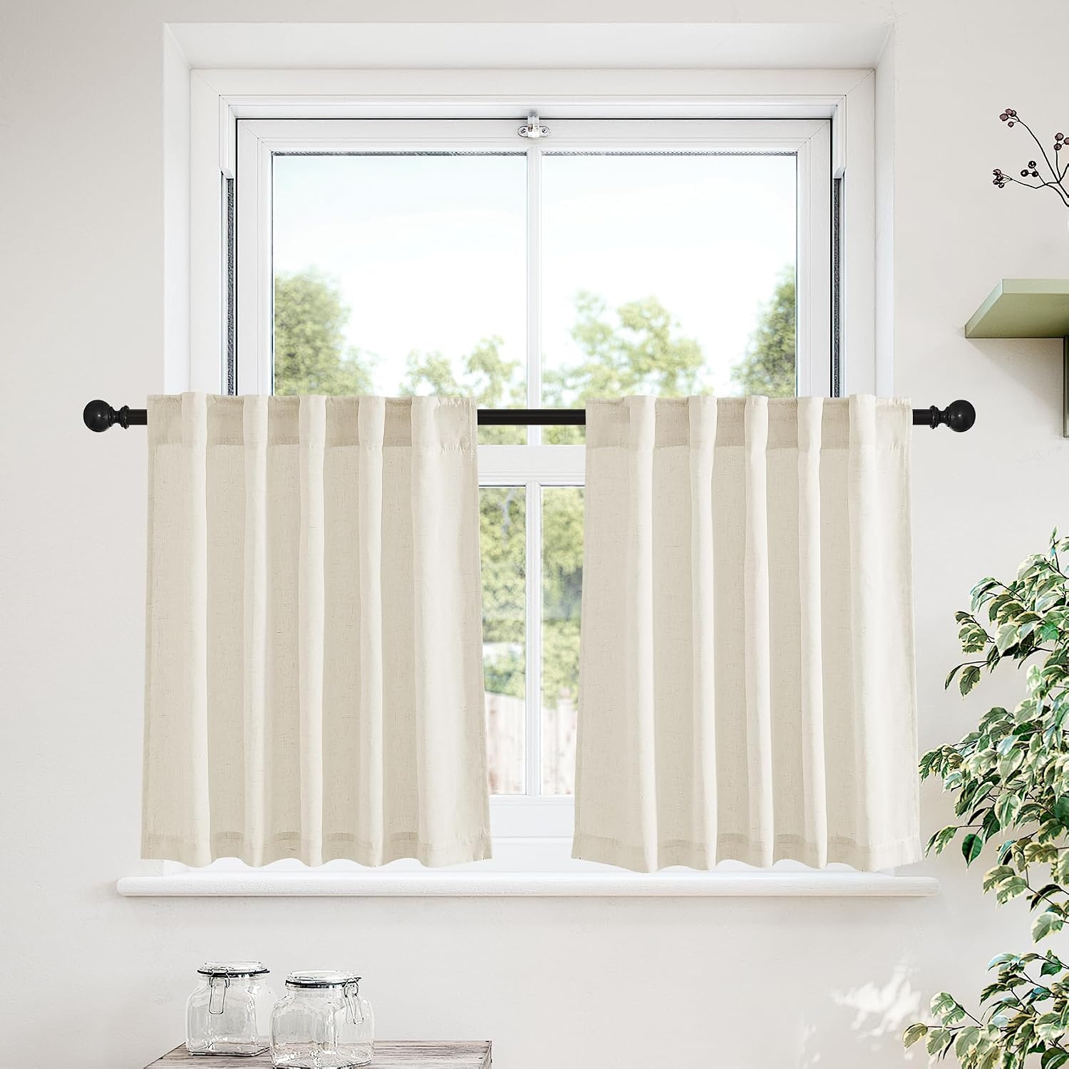 image:imageNICETOWN Kitchen Curtains 24 Inch Linen Textured Tiers Farmhouse CafeNatural