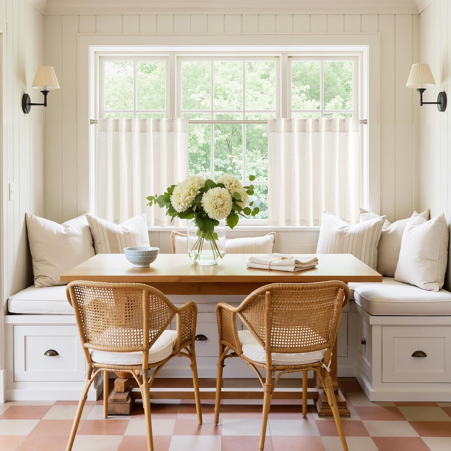 image:imageNICETOWN Kitchen Curtains 24 Inch Linen Textured Tiers Farmhouse CafeNatural Beige