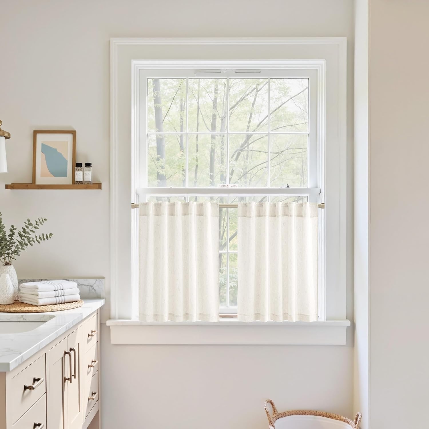 image:imageNICETOWN Kitchen Curtains 24 Inch Linen Textured Tiers Farmhouse CafeNatural Beige