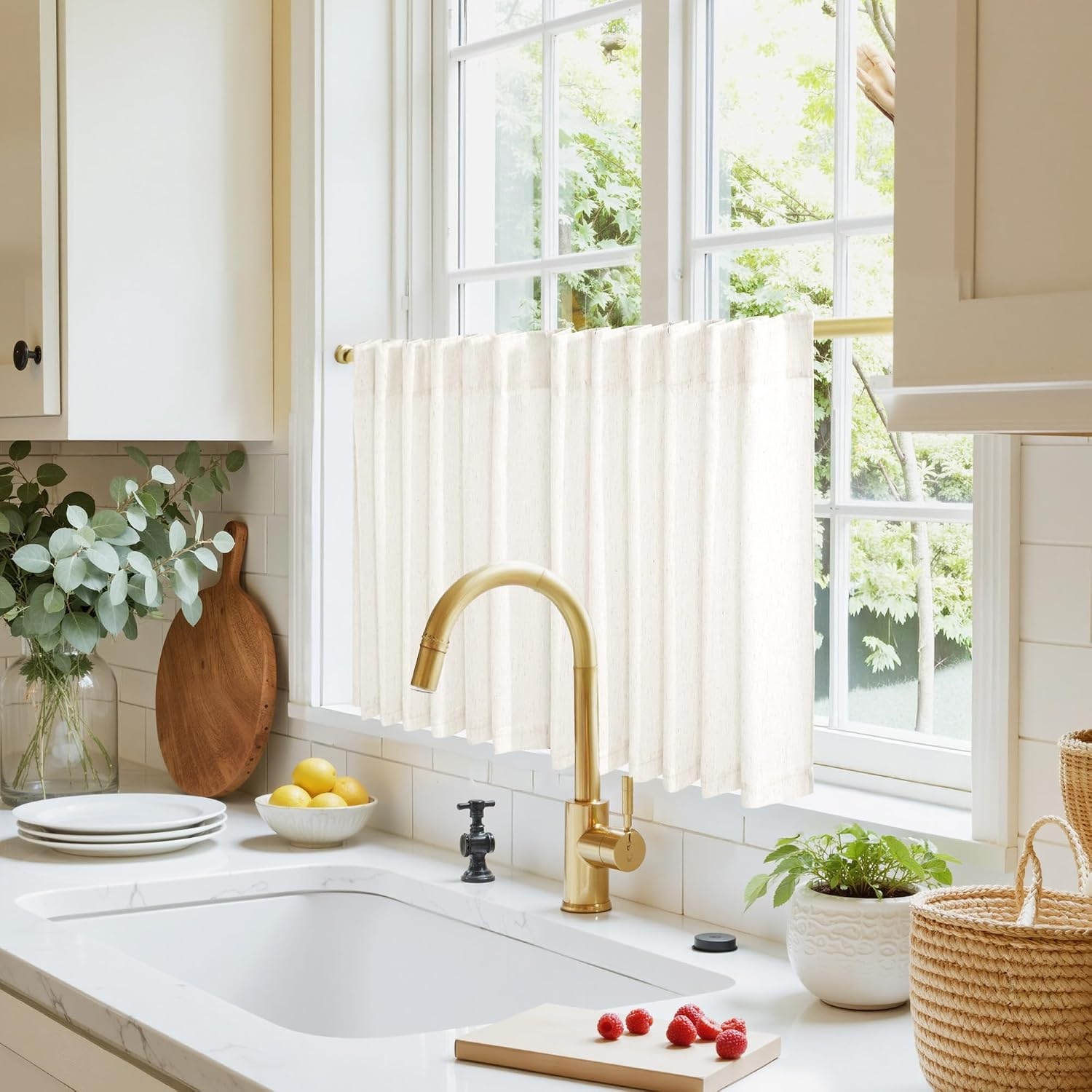 image:imageNICETOWN Kitchen Curtains 24 Inch Linen Textured Tiers Farmhouse CafeNatural Beige