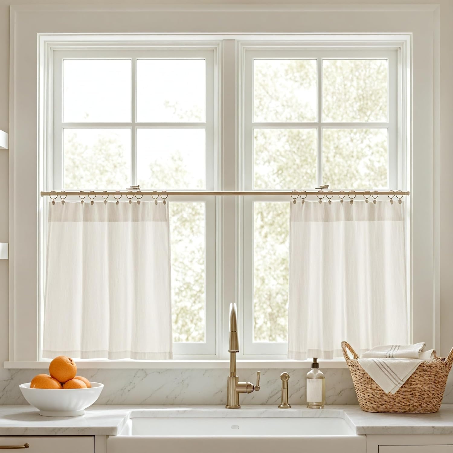 image:imageNICETOWN Kitchen Curtains 24 Inch Linen Textured Tiers Farmhouse CafeNatural Beige
