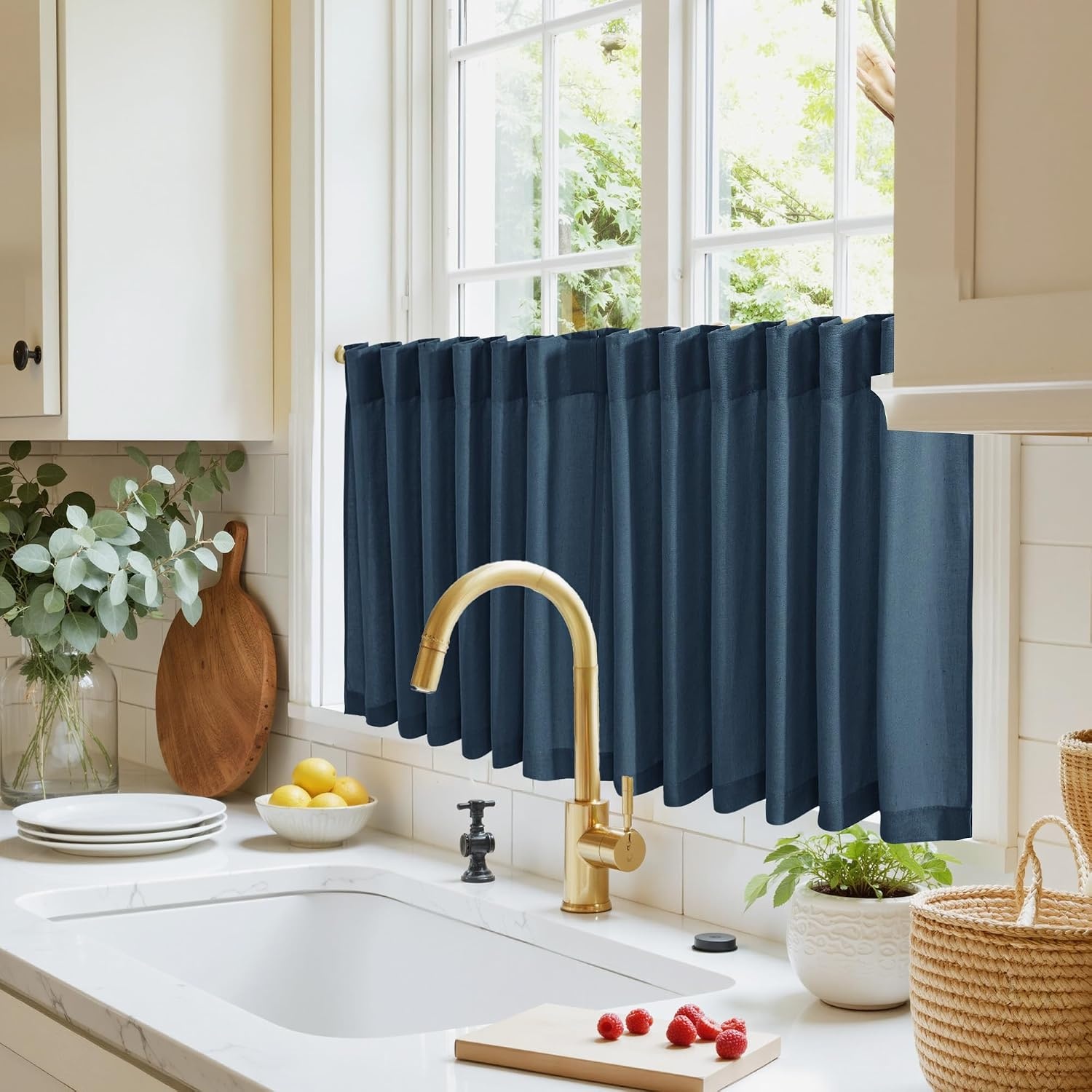 image:imageNICETOWN Kitchen Curtains 24 Inch Linen Textured Tiers Farmhouse CafeNavy Blue