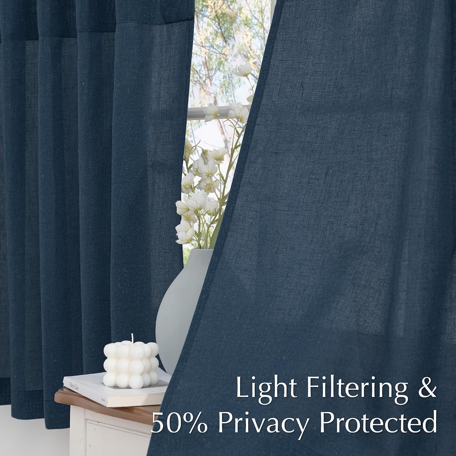 image:imageNICETOWN Kitchen Curtains 24 Inch Linen Textured Tiers Farmhouse CafeNavy Blue