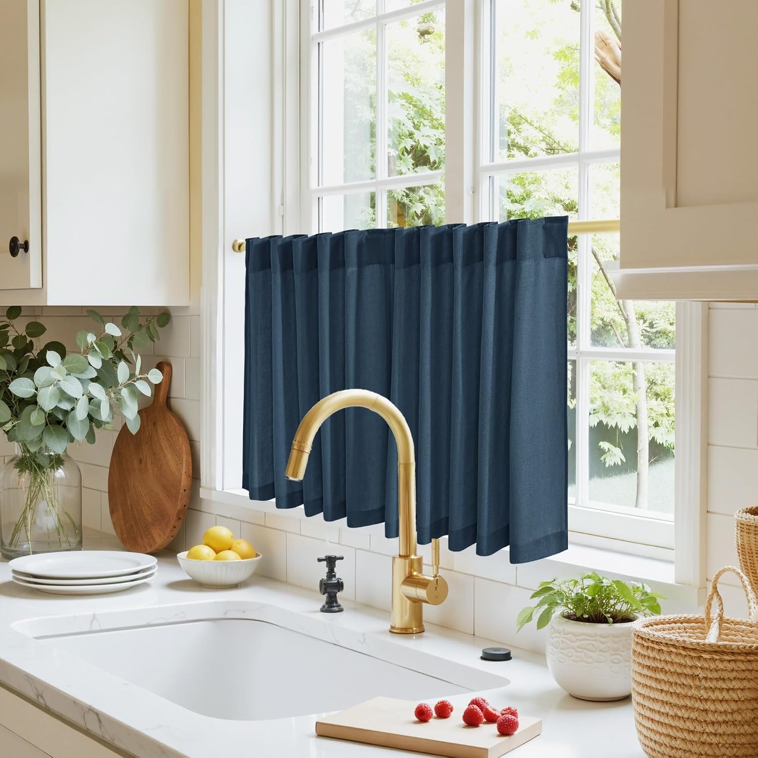 image:imageNICETOWN Kitchen Curtains 24 Inch Linen Textured Tiers Farmhouse CafeNavy Blue
