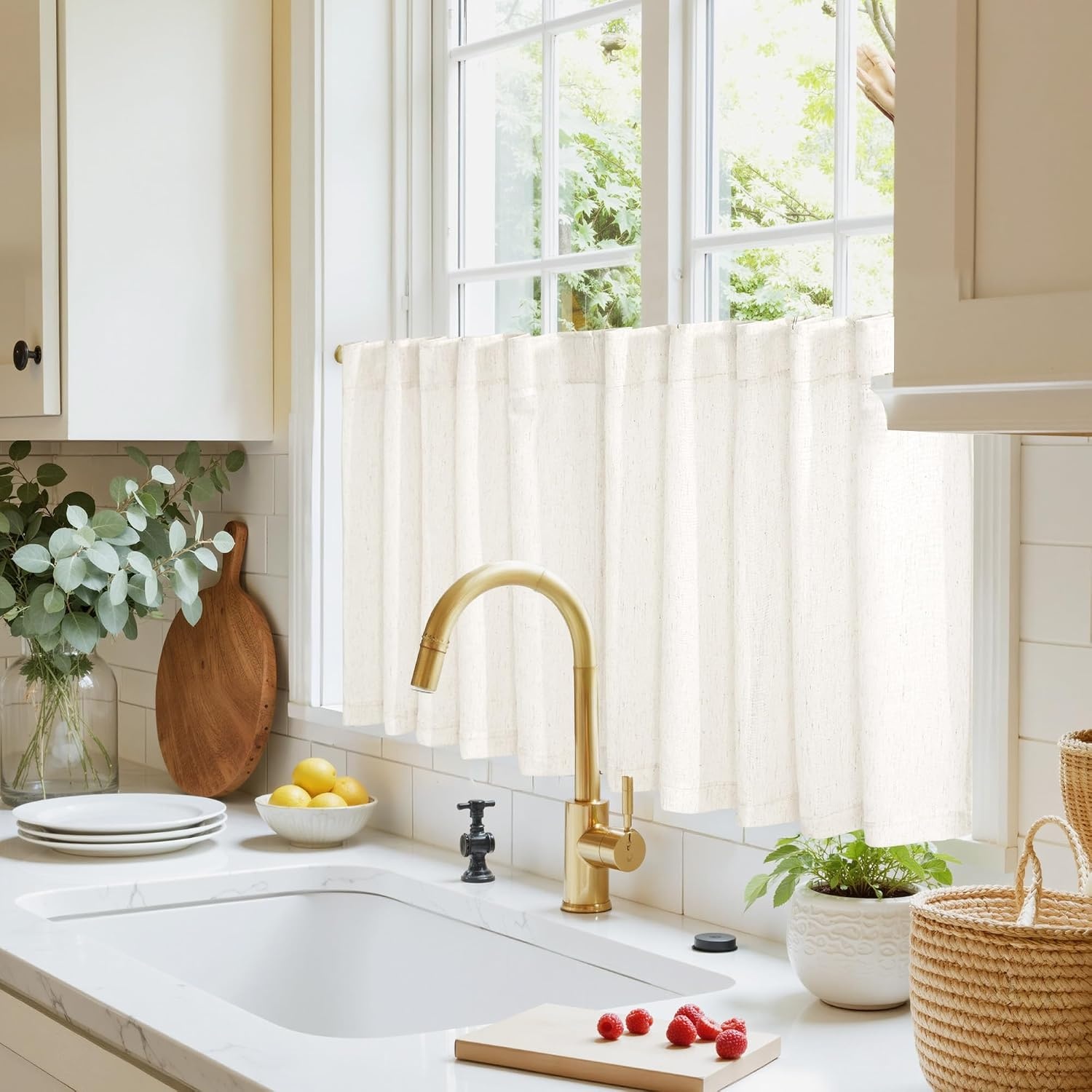 image:imageNICETOWN Kitchen Curtains 24 Inch Linen Textured Tiers Farmhouse CafeNavy Blue