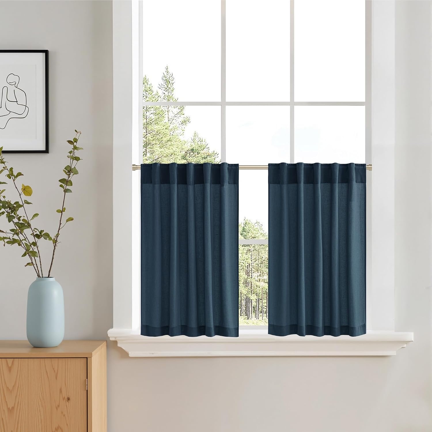 image:imageNICETOWN Kitchen Curtains 24 Inch Linen Textured Tiers Farmhouse CafeNavy Blue
